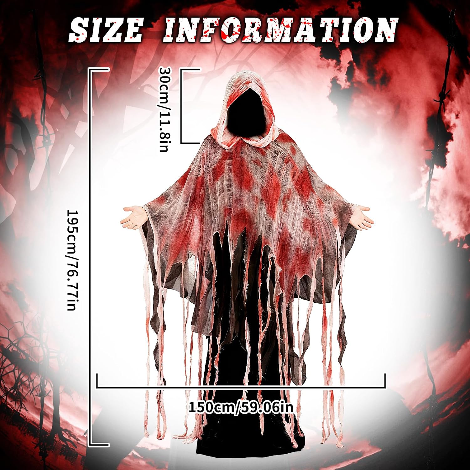 Halloween Horror Hooded Cloak Scary Ghost Tattered Bloody Robe Medieval Wizard Death Red Cape Vampire Cosplay Costume