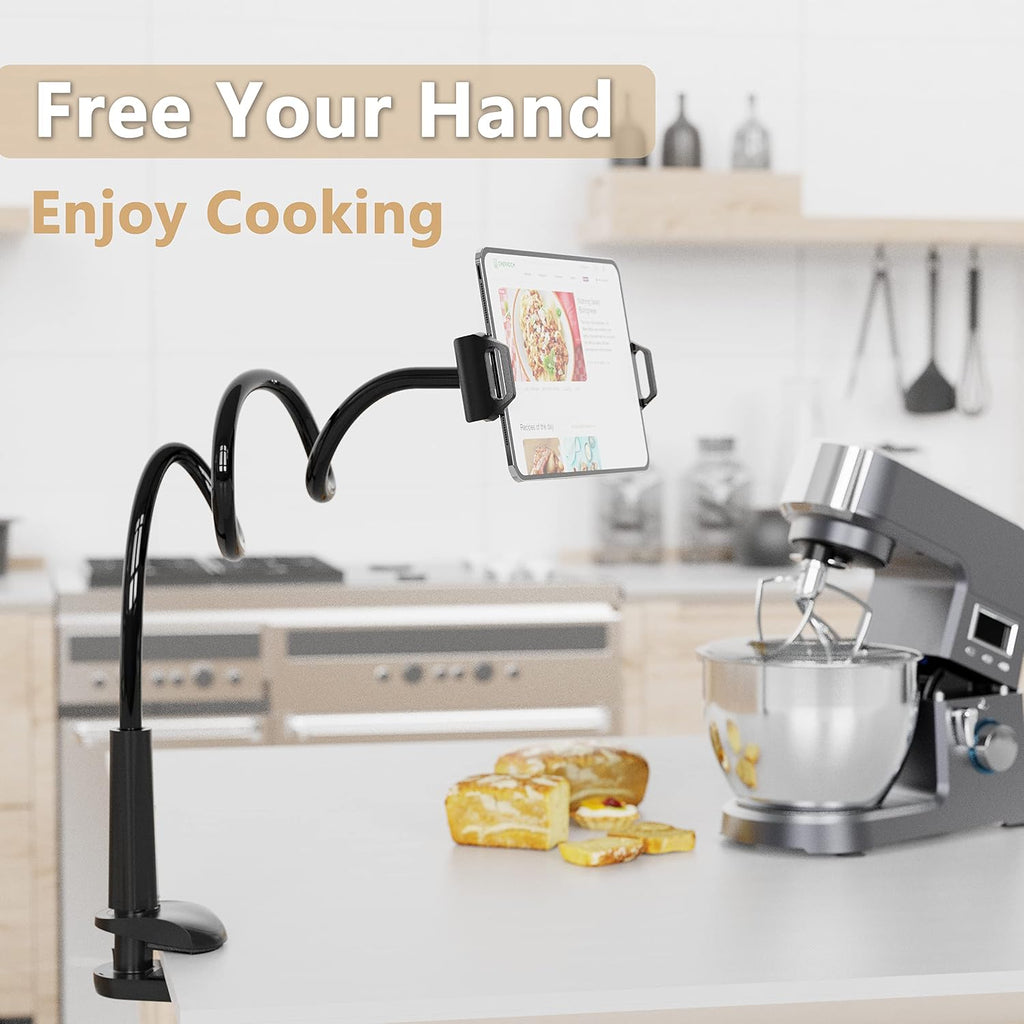 Gooseneck Tablet Holder for Bed, Reinforced Flexible Arm Tablet Stand with 360° Rotation, Hands-Free Clamp Mount for