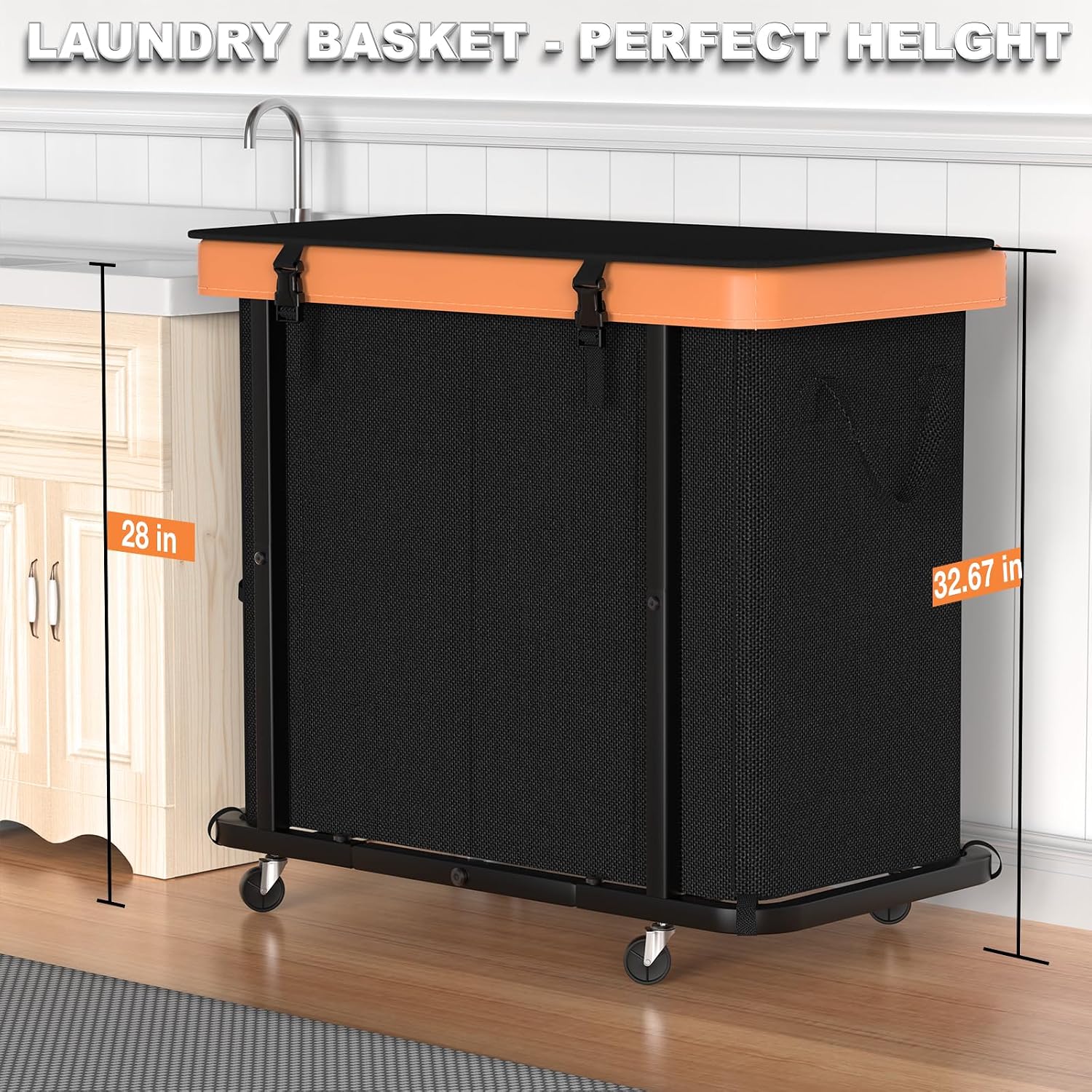 Laundry Basket with Wheels, 230L Leather Patchwork Laundry Sorter 3 Section | Sturdy Metal Frame, Removable Washable