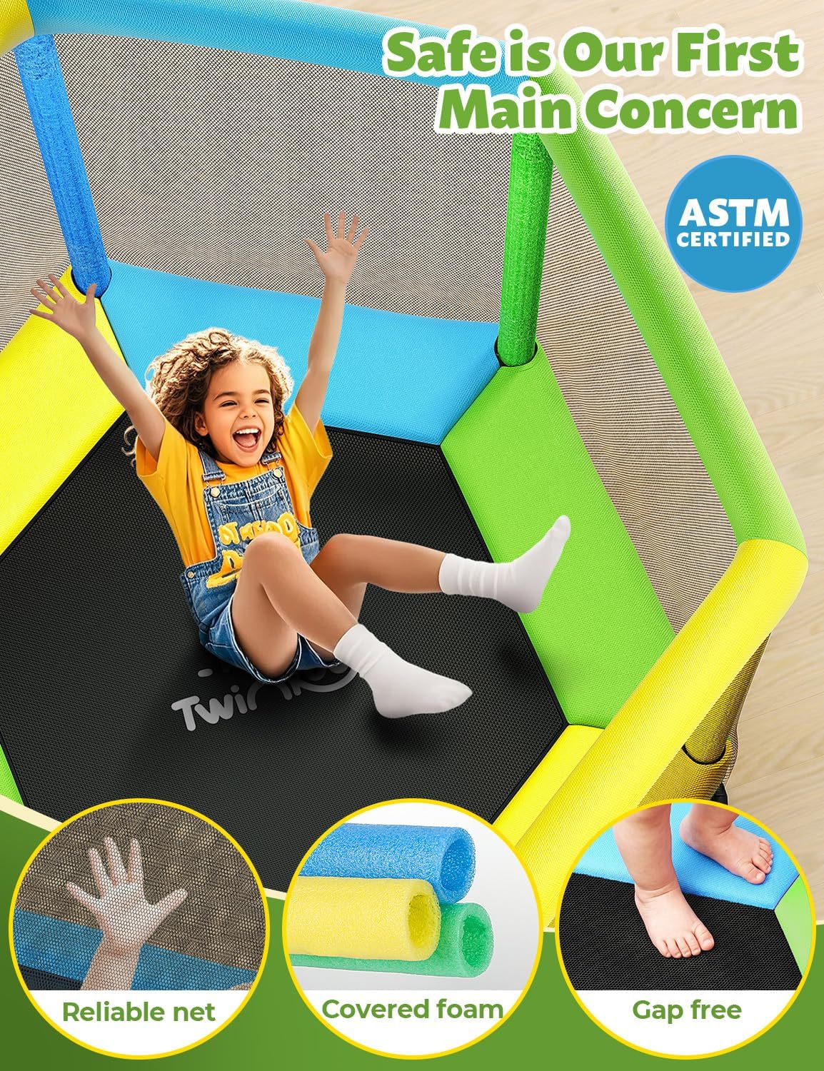 Toddler Trampoline for Kids with Foam Handle, Anti-Tilt Frame & Thick Padded Spring Cover, Indoor Outdoor Mini
