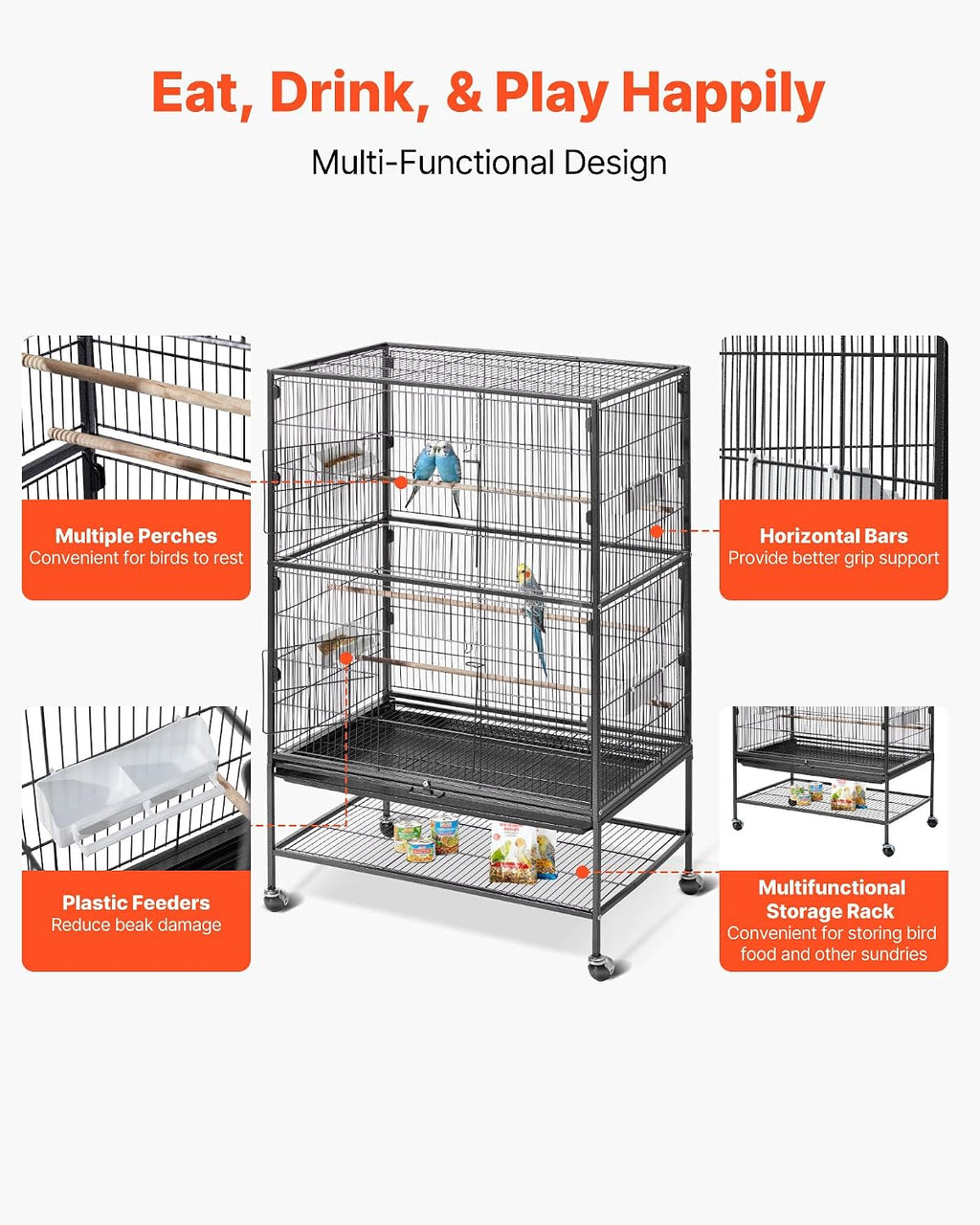 Bird Cage, 31.5 x 20.5 x 52 inch, Flat Top, Wrought Iron Bird Flight Cage with Perches, Slide-Out Tray and Plastic