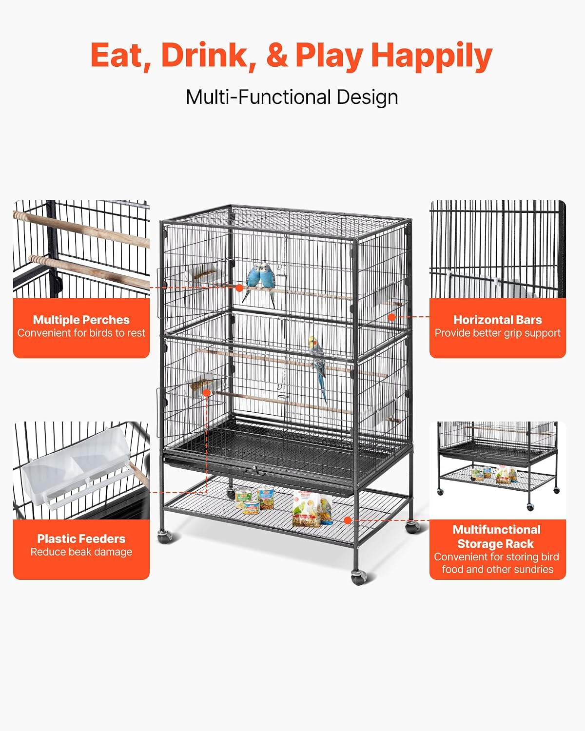 Bird Cage, 31.5 x 20.5 x 52 inch, Flat Top, Wrought Iron Bird Flight Cage with Perches, Slide-Out Tray and Plastic