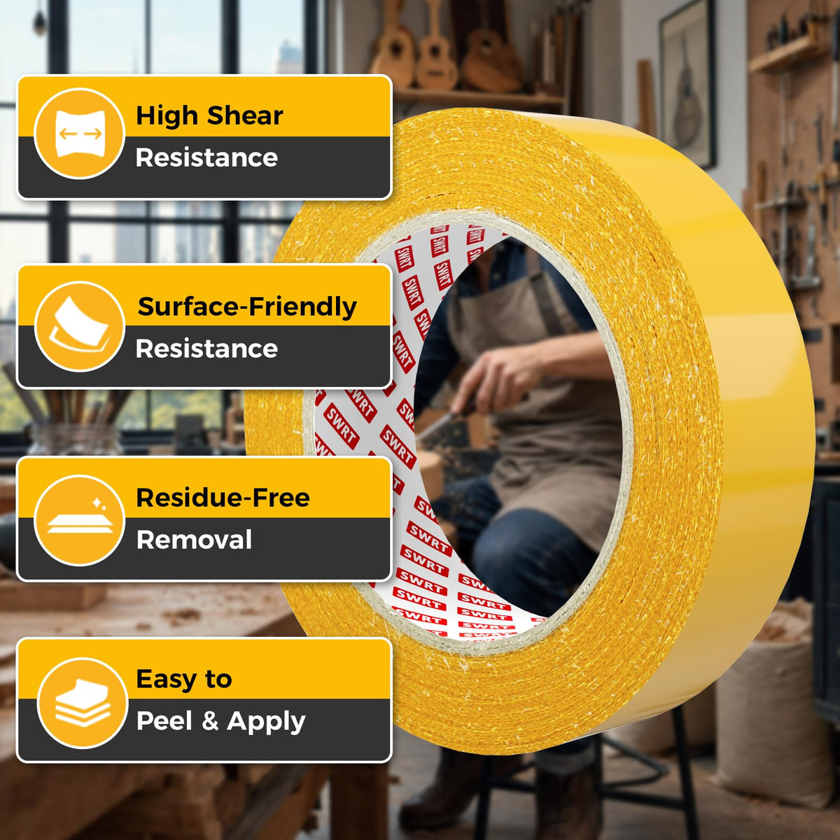 Double Sided Woodworking Tape, 1 in x 108 ft Each, 3 Rolls Strong Hold