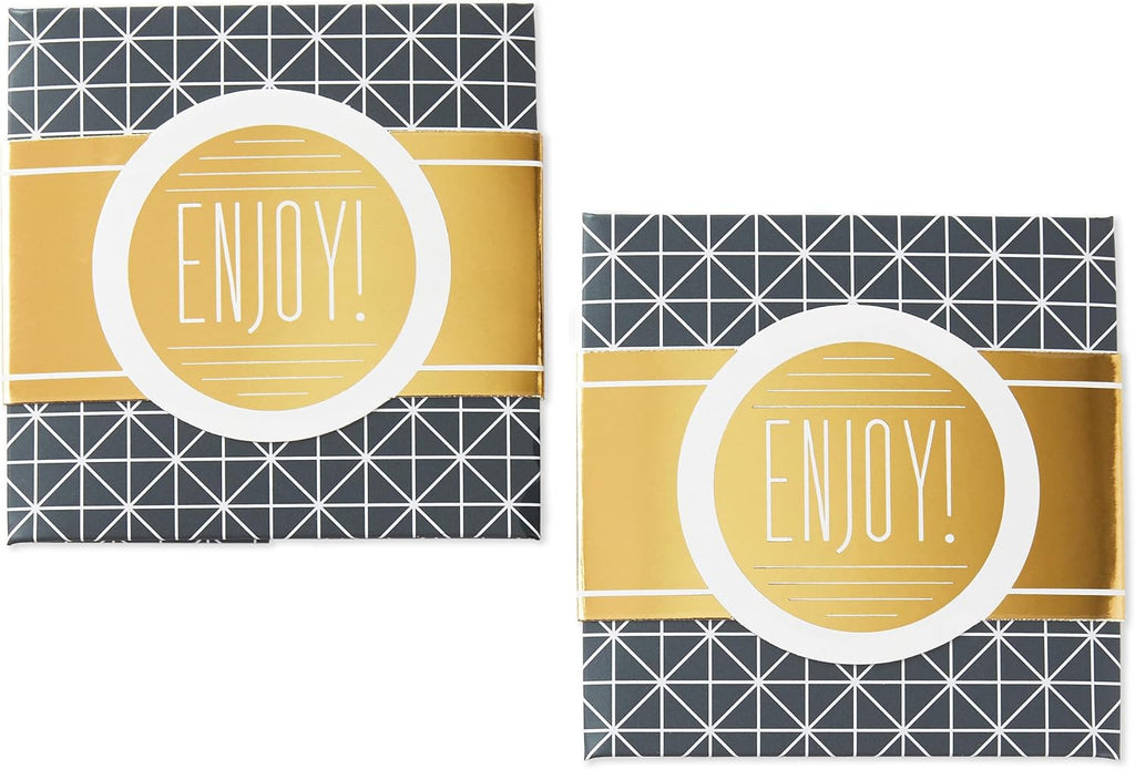 Small Gift Boxes with Wrap Band (2-Pack: Gray Geometric, Gold "Enjoy!") 4 inch Boxes for Weddings, Graduations