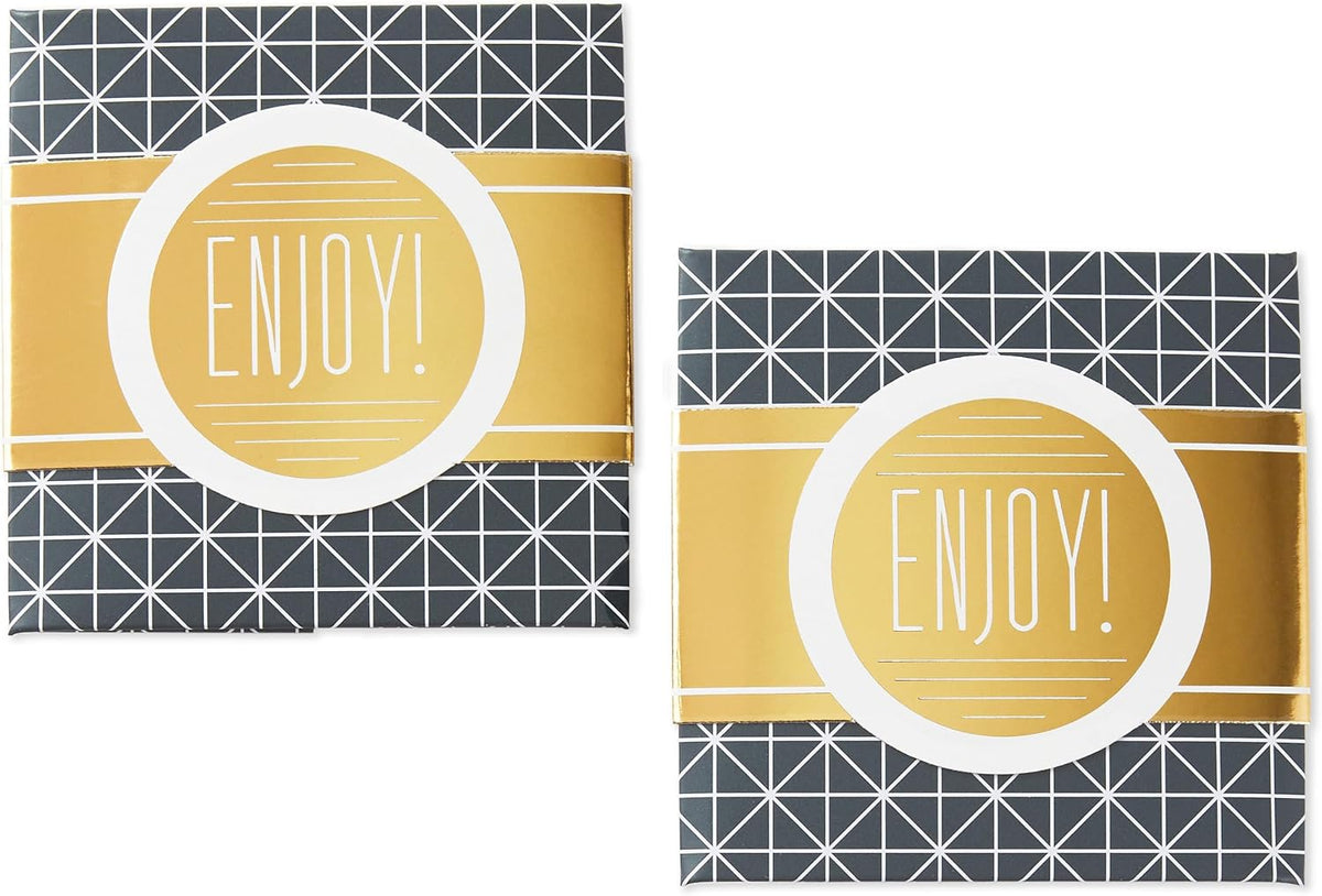 Small Gift Boxes with Wrap Band (2-Pack: Gray Geometric, Gold "Enjoy!") 4 inch Boxes for Weddings, Graduations