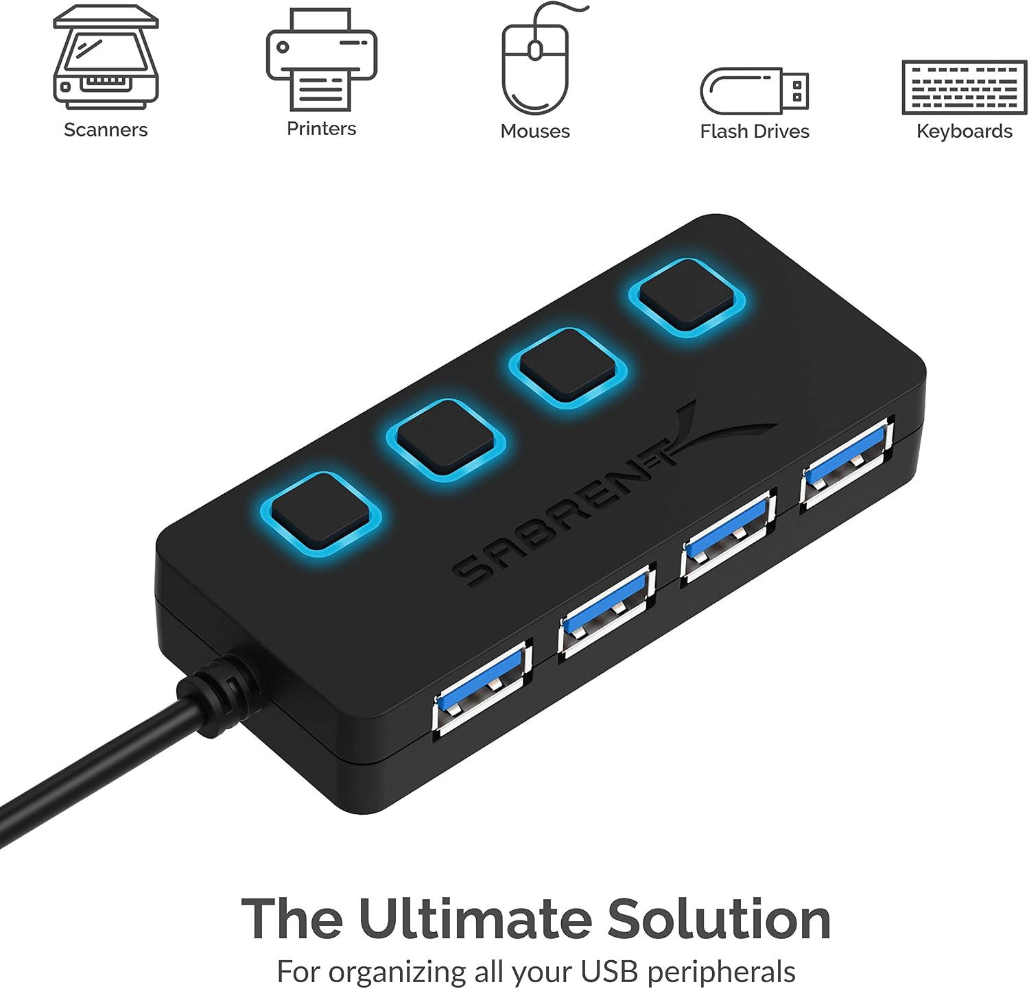 4-Port USB 3.0 Hub with Individual LED Power Switches - Slim, Portable Design - 2 Ft Cable - Fast Data Transfer
