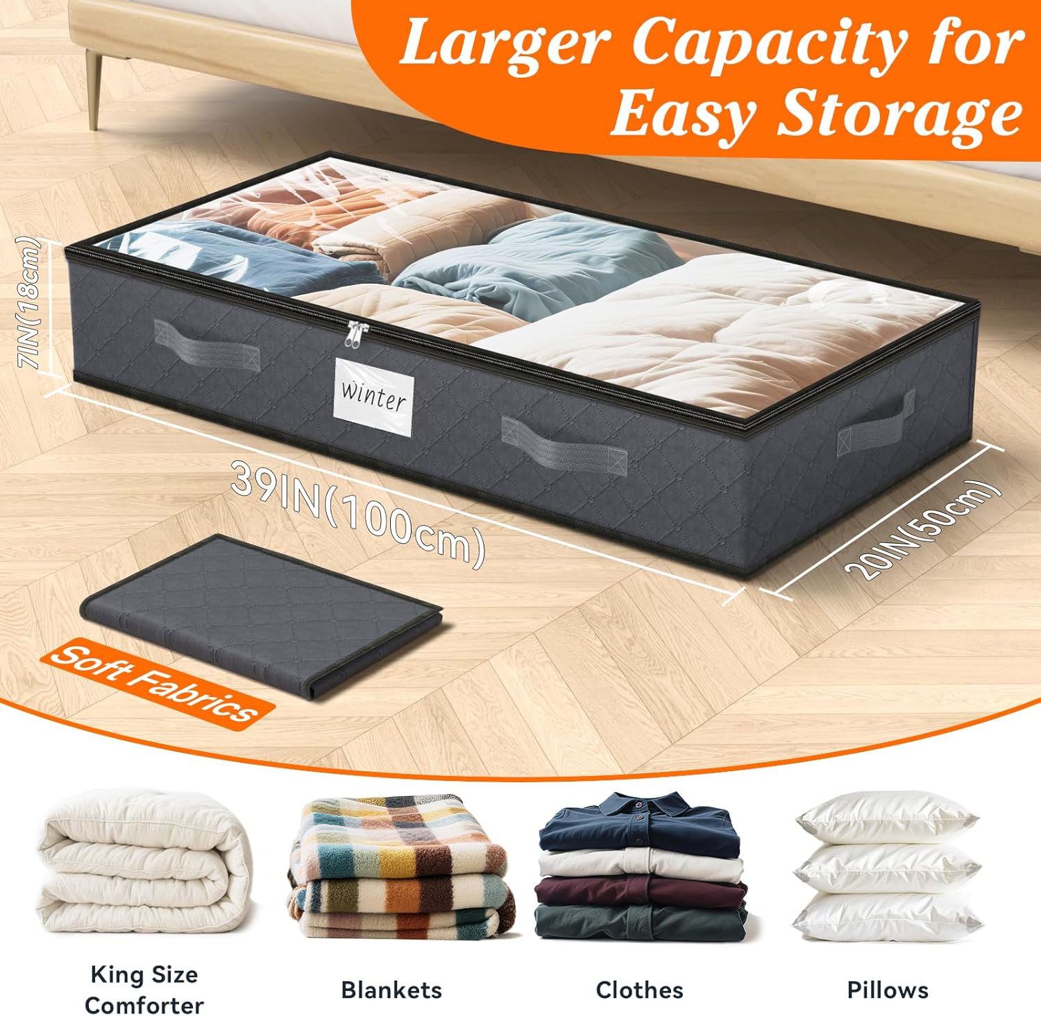 90L Under Bed Storage Containers, 4-Pack Storage Bins with Clear Top, Foldable Closet Organizers and Storage with