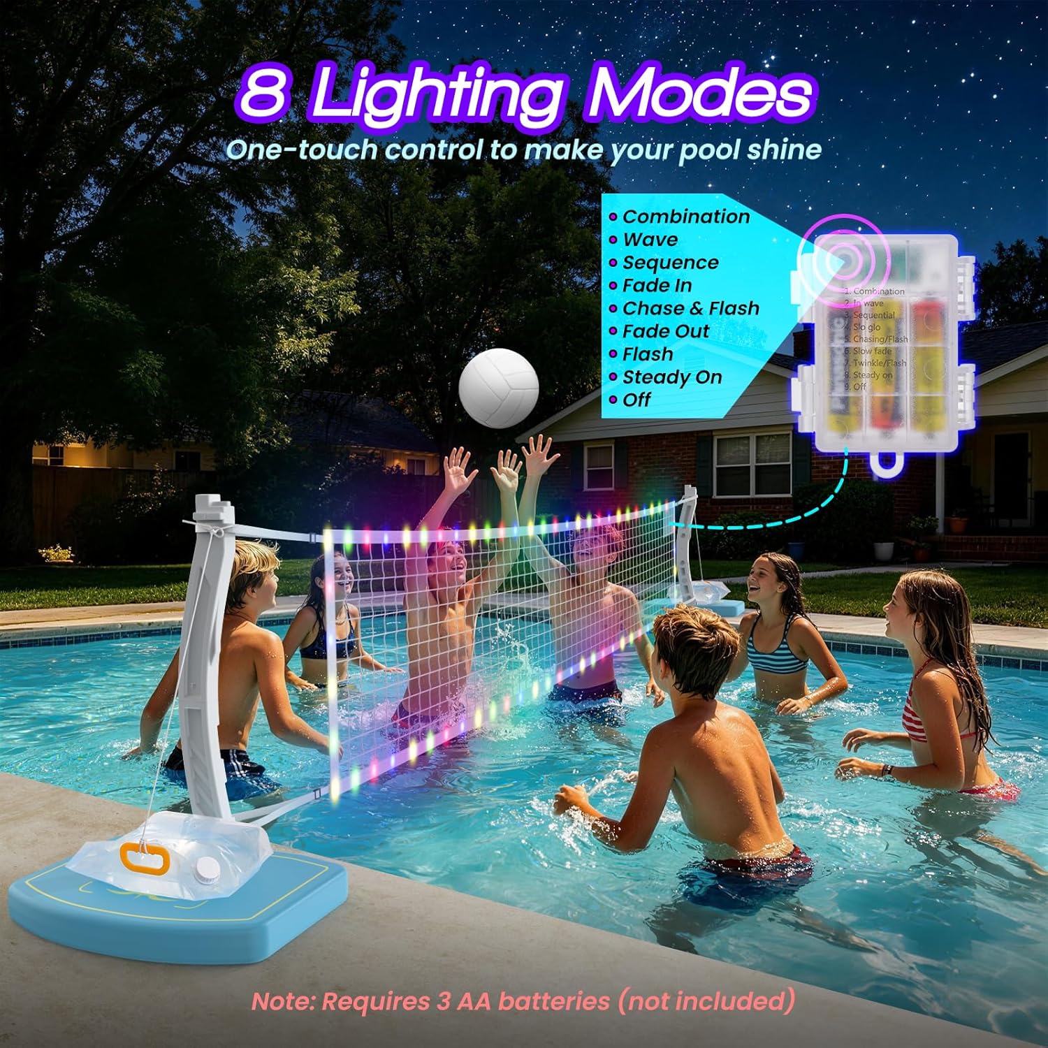 Pool Basketball Hoop and Volleyball Net Combo Set, with Stainless Steel Frame, 8 Lighting Modes, Dual-Mode Summer