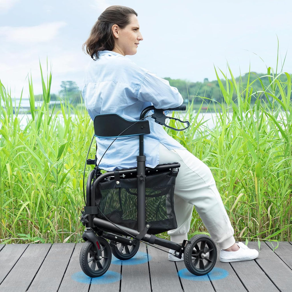3 Wheel Rollator Walker with Seat for Slim Seniors, Padded Backrest Lightweight Foldable Travel Walker Ideal for