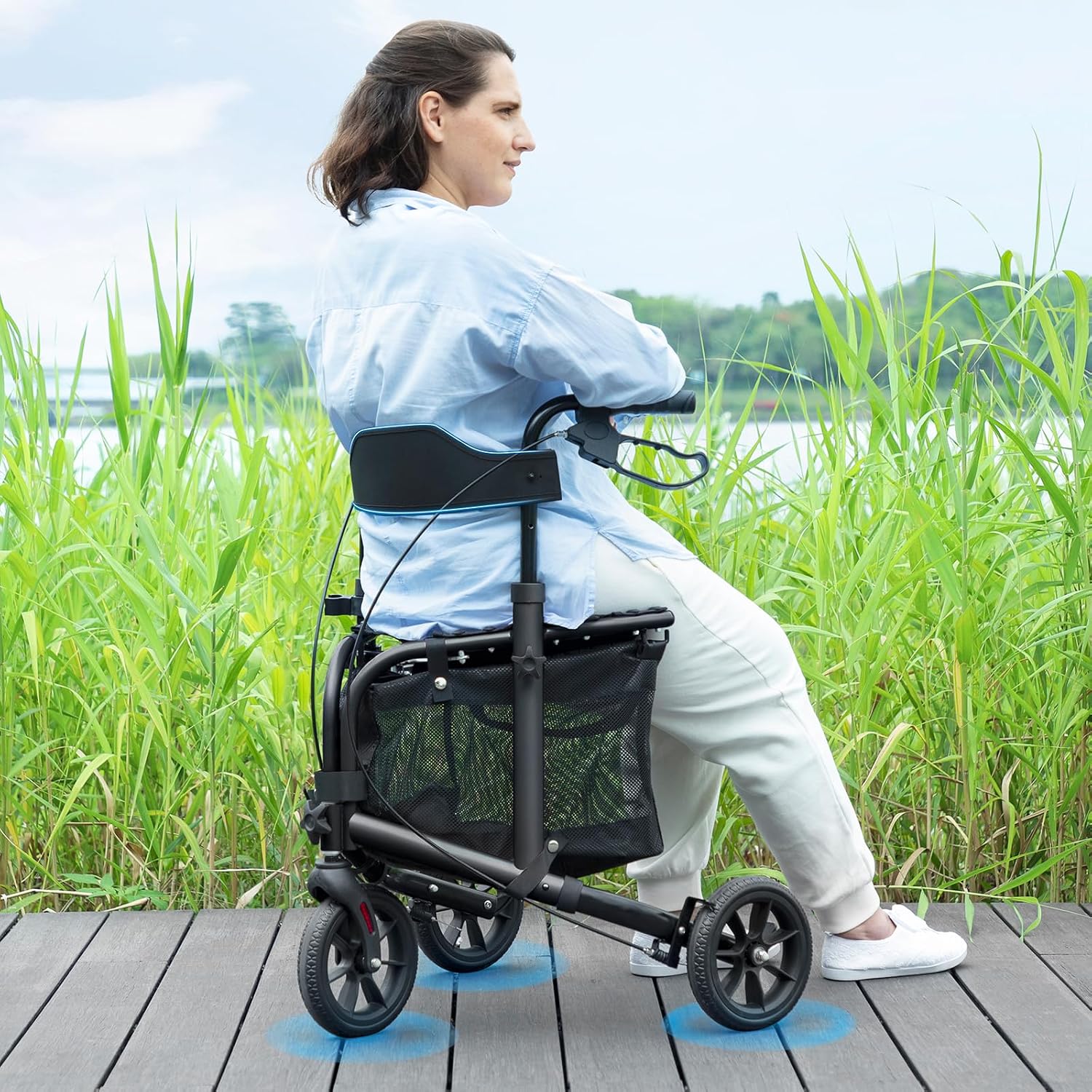3 Wheel Rollator Walker with Seat for Slim Seniors, Padded Backrest Lightweight Foldable Travel Walker Ideal for
