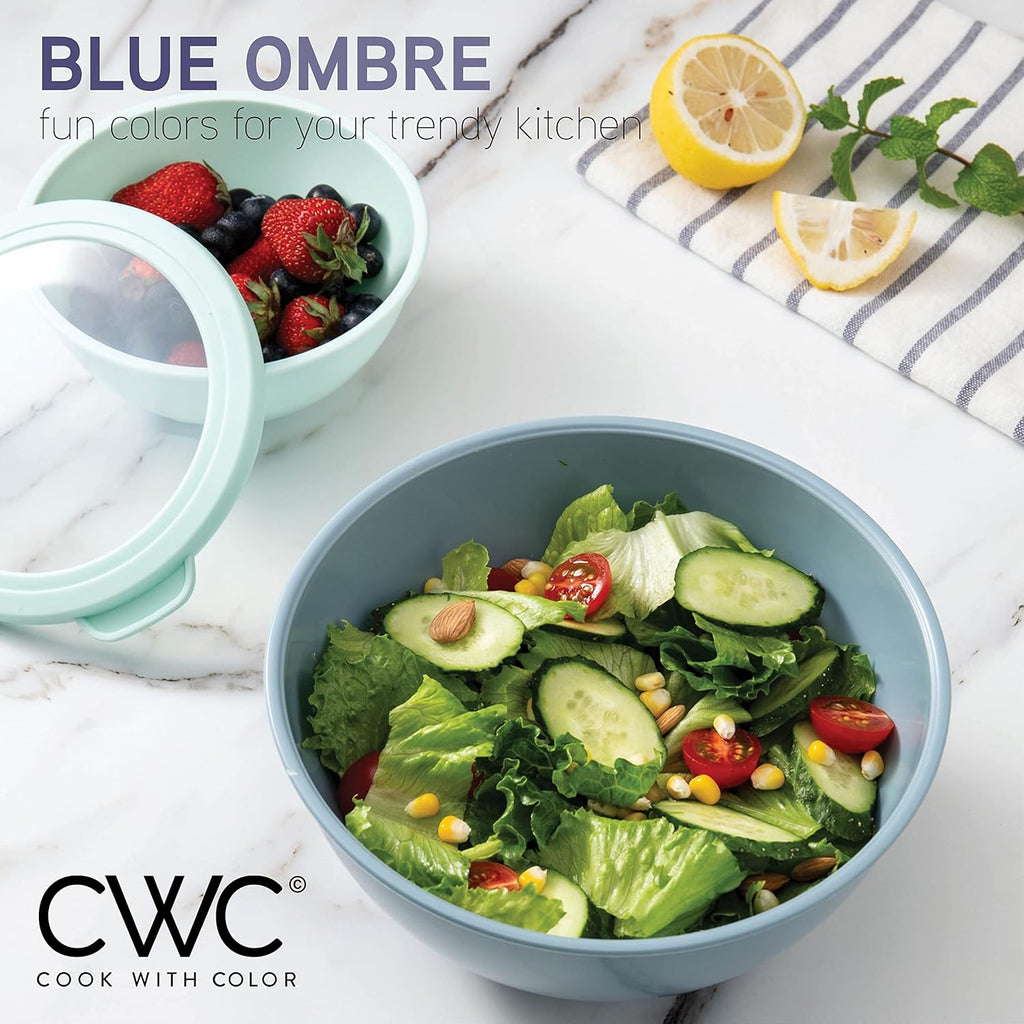 Mixing Bowls with TPR Lids - 12 Piece Plastic Nesting Bowls Set includes 6 Prep Bowls and 6 Lids, Microwave Safe (Blue)