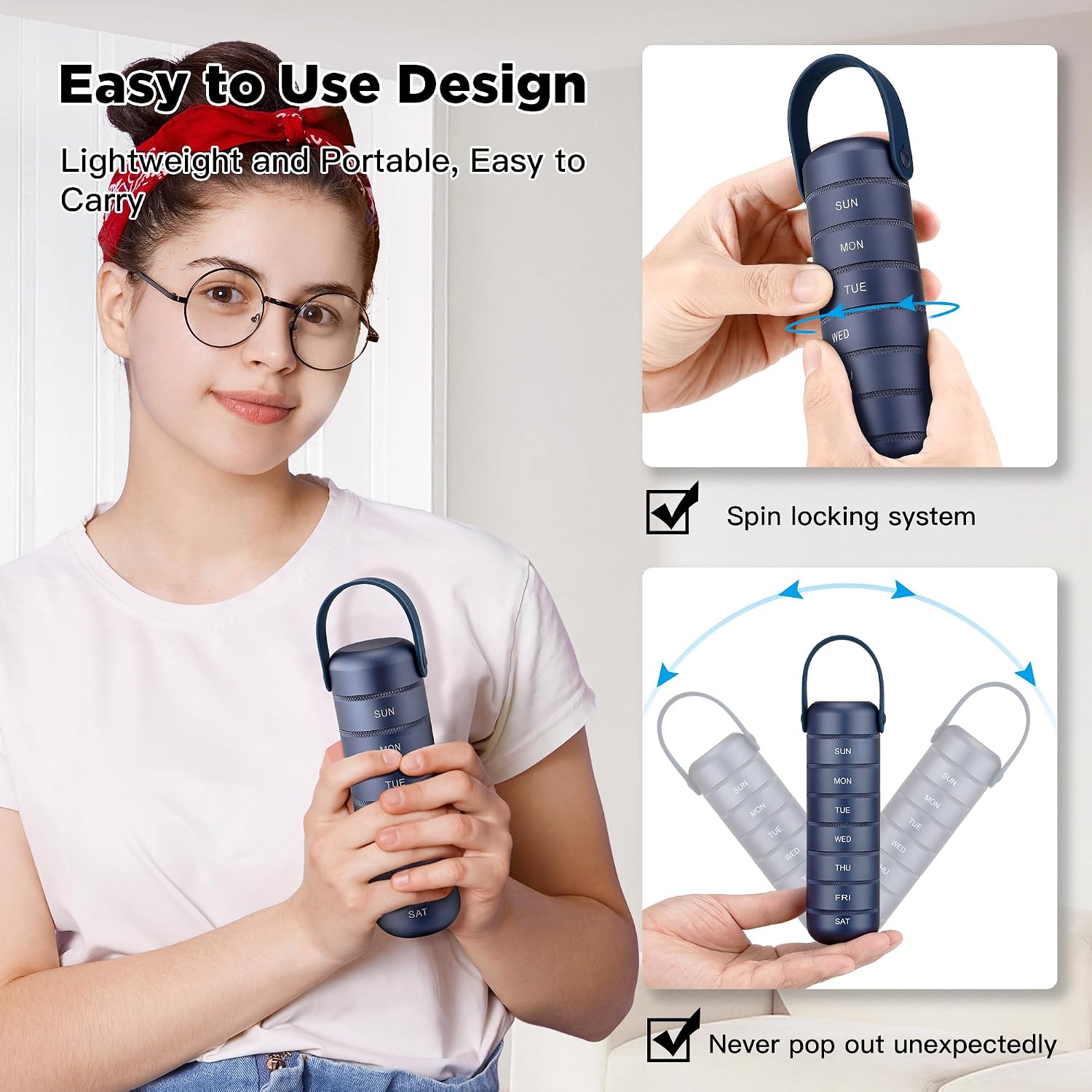 Metal Weekly Pill Organizer, Large Travel Pill Box 7 Day, Waterproof Daily Pill Case with Silicone Handle, Aluminum