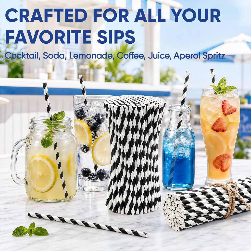 Black and White Paper Straws Disposable for Drinking 7.75'' 500ct