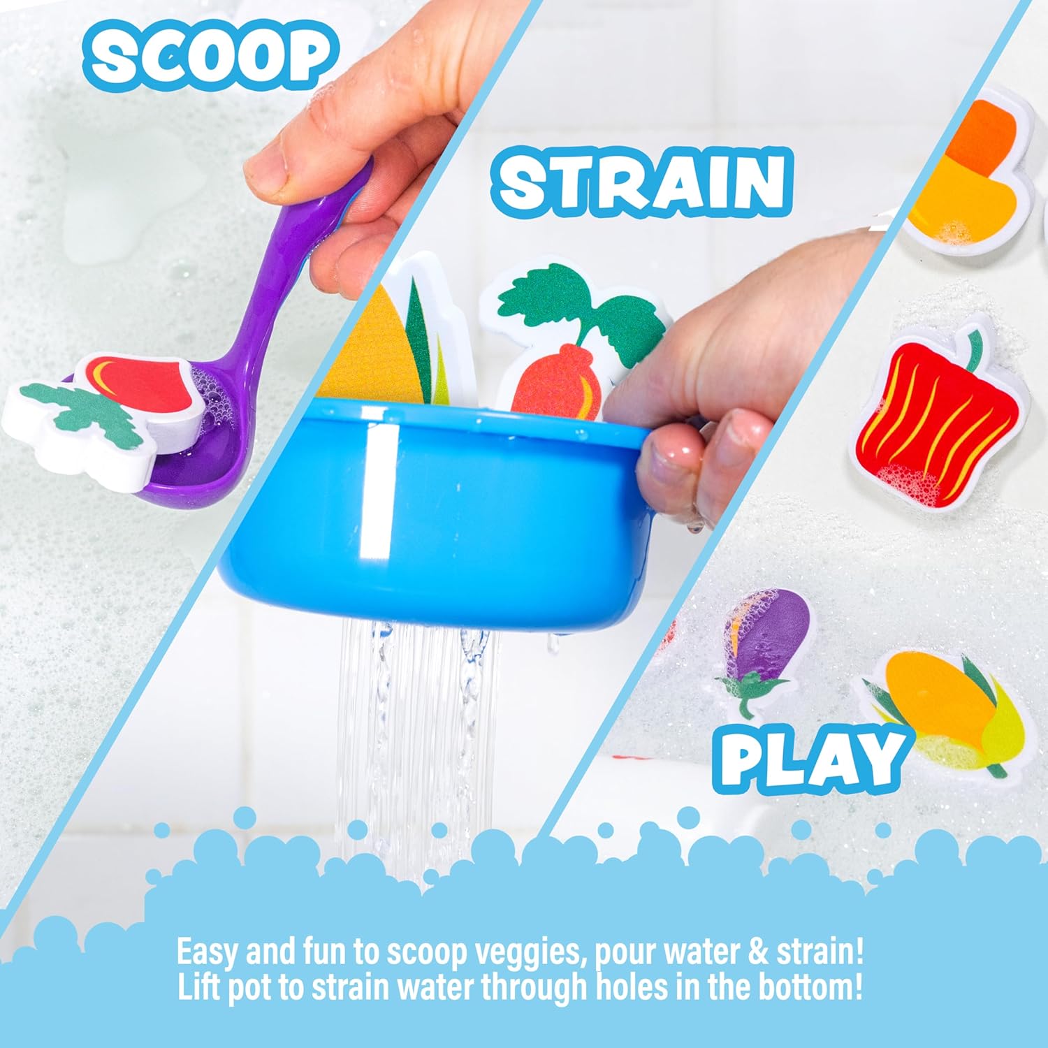 Tub Soup Scoop, Strain & Play Toddler Bath Toy | Floating Foam Veggies, Ladle for Scooping & Soup Pot for Straining |
