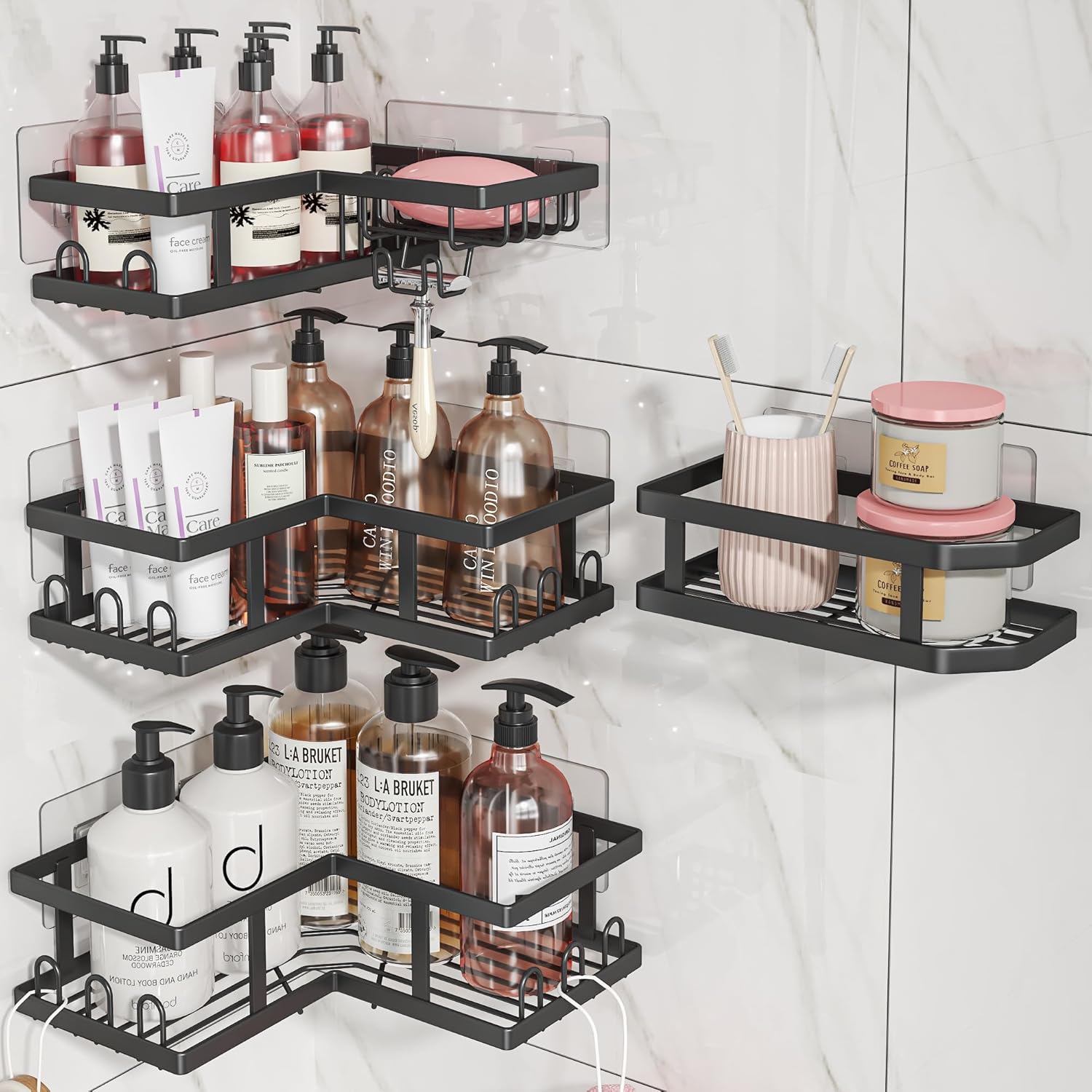 Shower Caddy Corner No Drilling-Adhesive, Shower Shelves-Rustproof | Organizer for Dorm. Black, 4-Pack - with Soap
