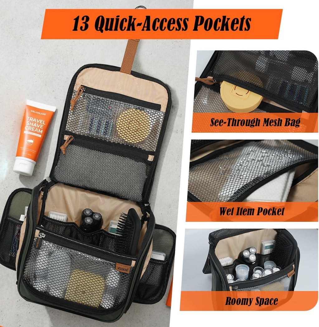 13-Pocket Hanging Toiletry Bag, Waterproof Mens Hanging Toiletry Travel Bag, Large Mens Dopp Kit For Travel, Fully