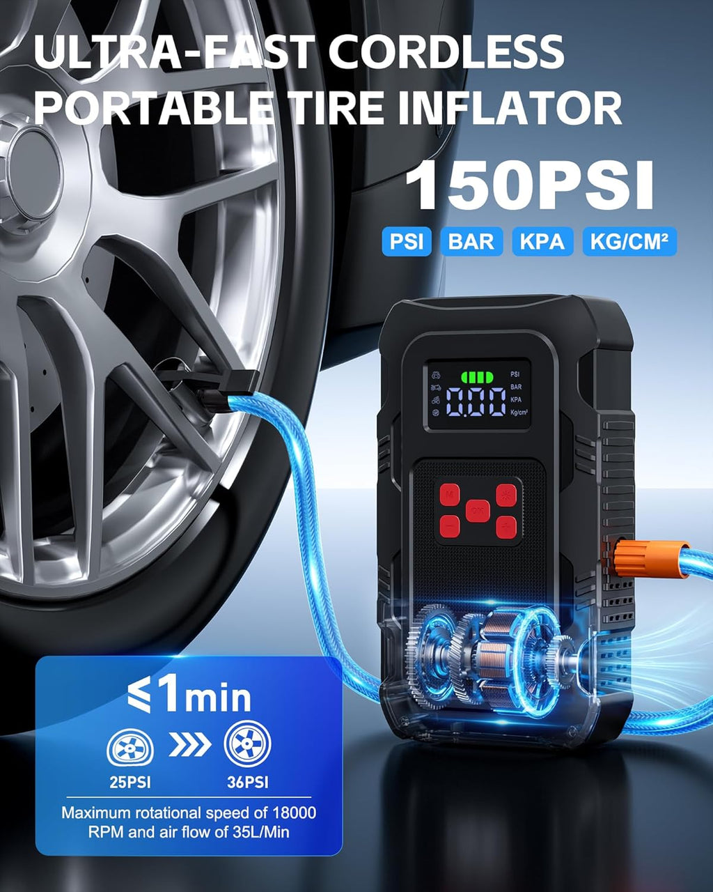 5000A Jump Starter with Air Compressor, Portable Car Battery Jump Starter with 150 PSI Tire Inflator for Up to 10.0L