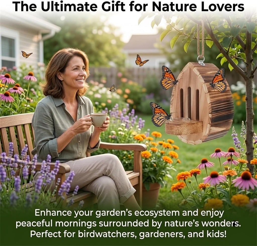 Hangable Teardrop Butterfly House for Garden Wooden Butterfly House and Feeder, Butterfly Houses for Outside, for