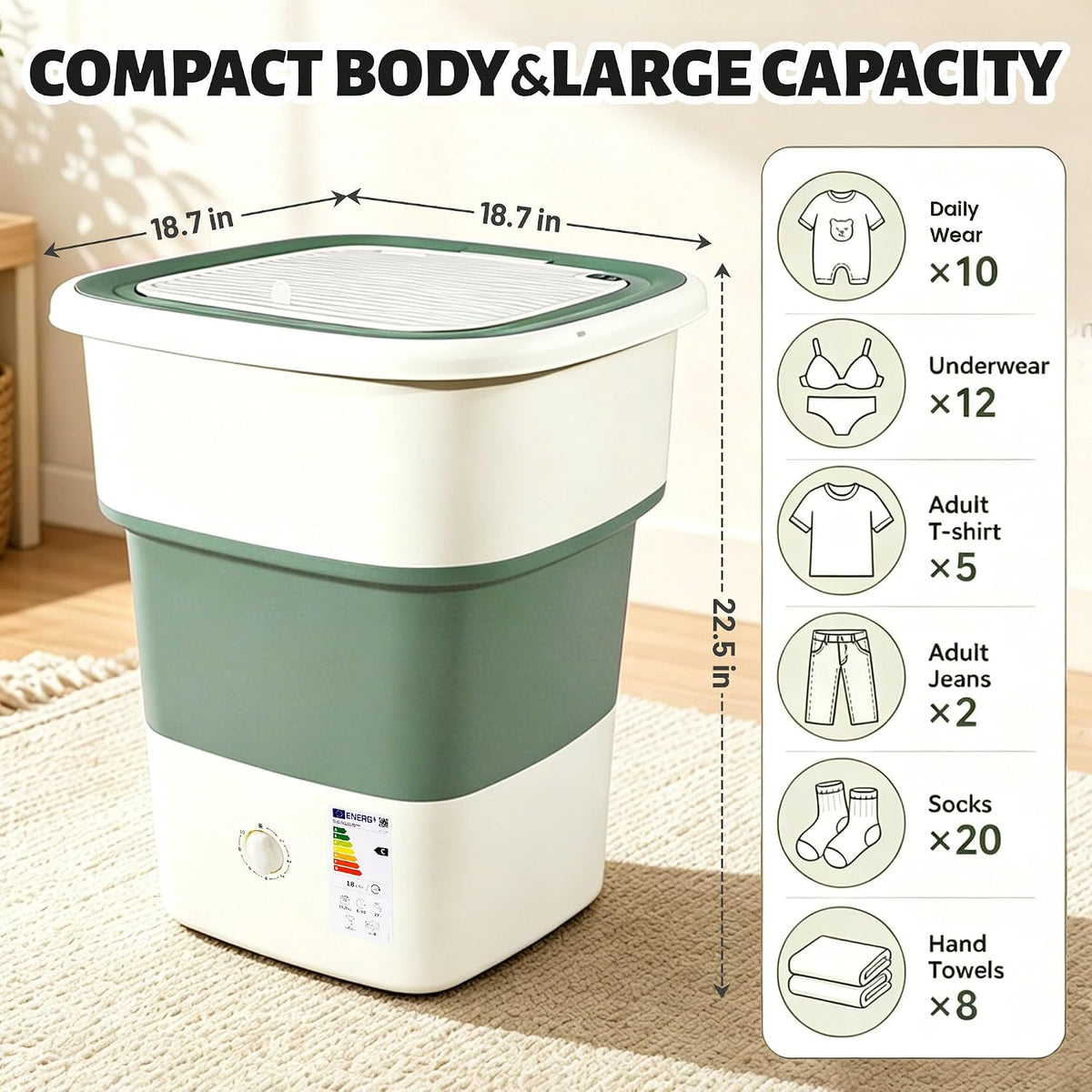 Portable Washing Machine 52L, Foldable Mini Washer with Spin Basket, Adjustable Wash 2-10 Min & Spin 1-6 Min, Large