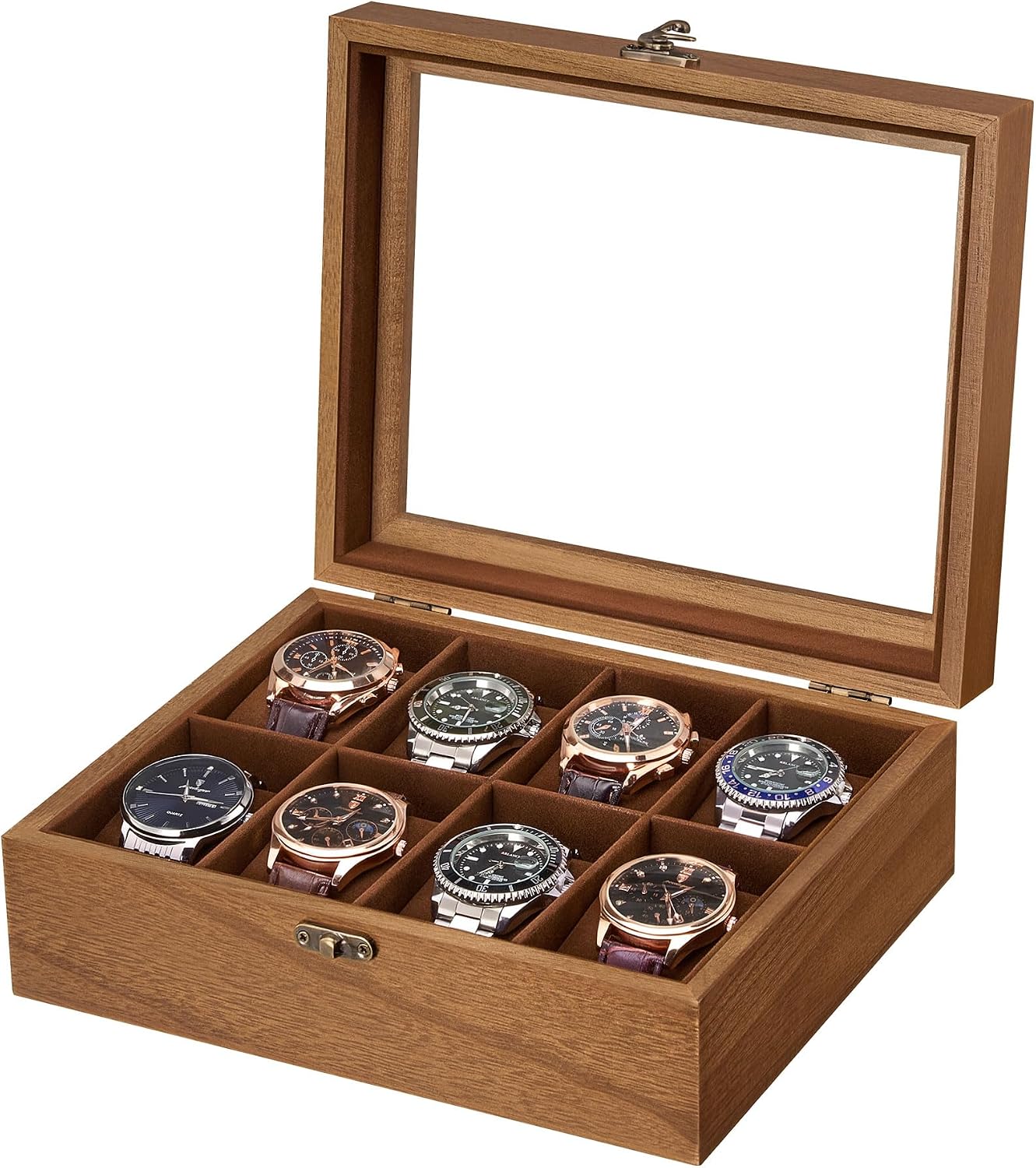 8 Slot Wooden Watch Display Case With Glass Lid, Organizer | Elegant Wooden Watch Box With Glass Lid And Soft Lining