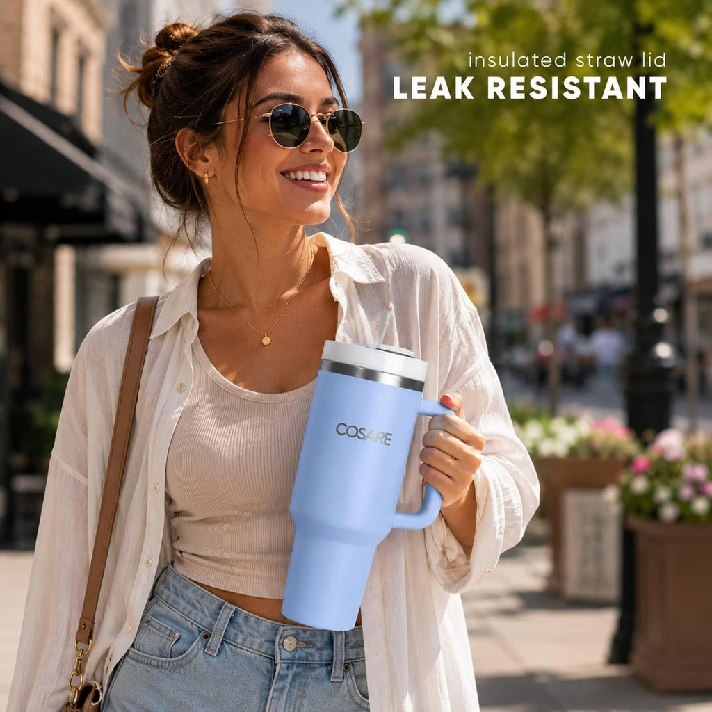 Tumbler with Handle and Straw 40 OZ | Flowstate 3-Position Lid | Cup Holder Compatible for Travel | Insulated