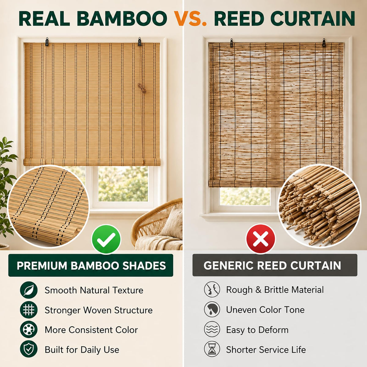 Bamboo Blinds for Interior Windows, Custom Roll Up Shades