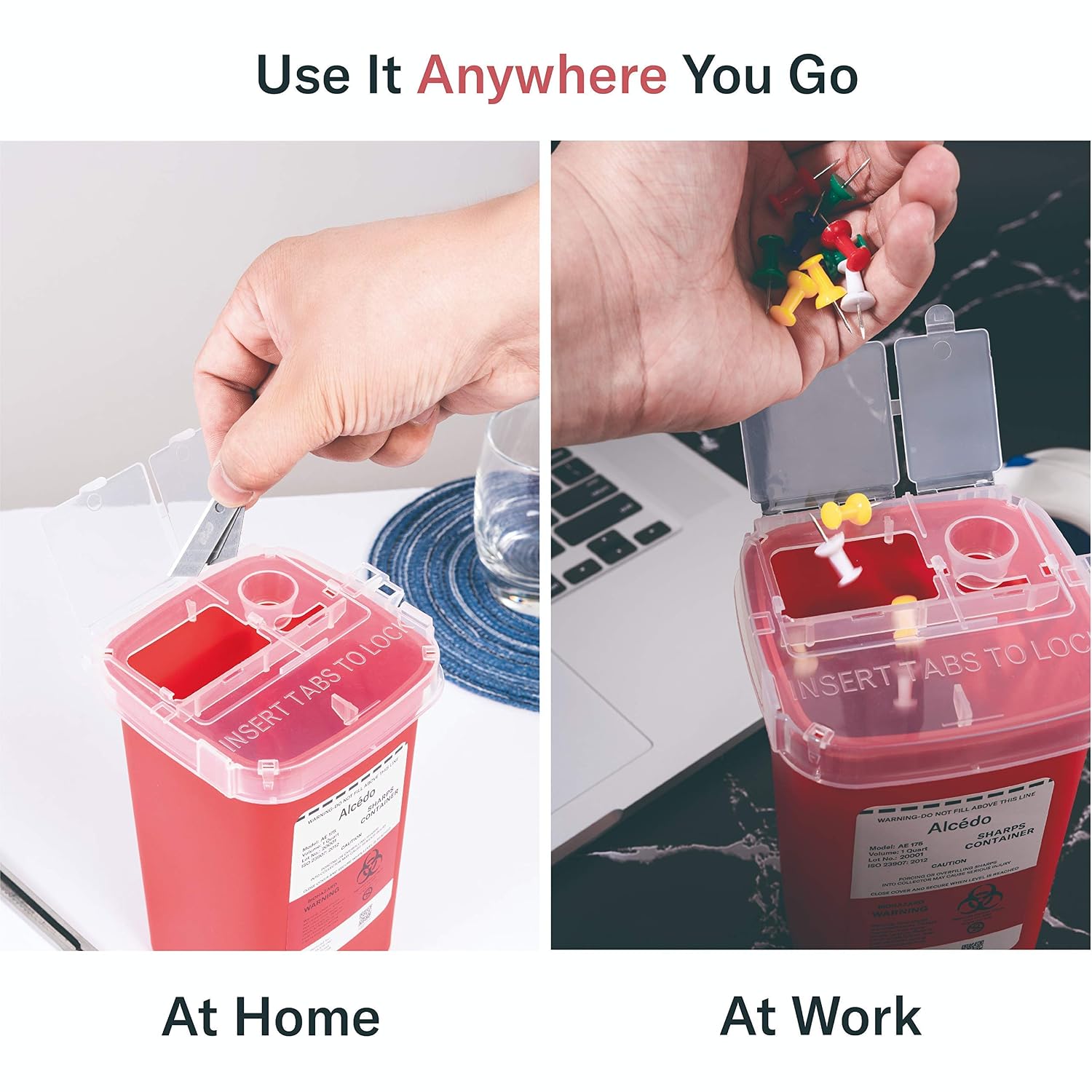 1 Quart Sharps Container (3-Pack) for Needle & Syringe Disposal | Small & Portable, Built-In Needle Removal Port