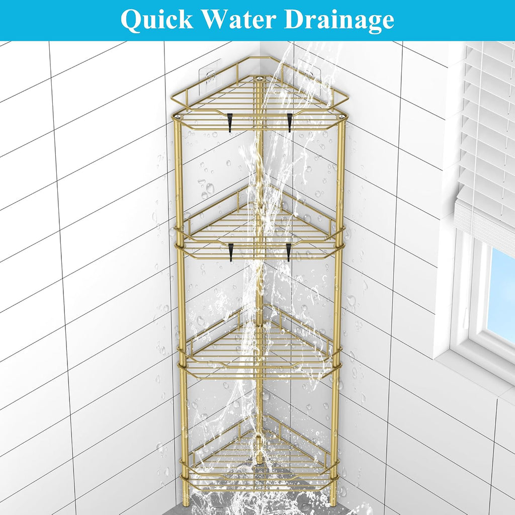 Metal Floor Standing Corner Shower Caddy, Gold, 4 Tier | Adhesive Bathroom Organizer Shelves, Free Standing Shower
