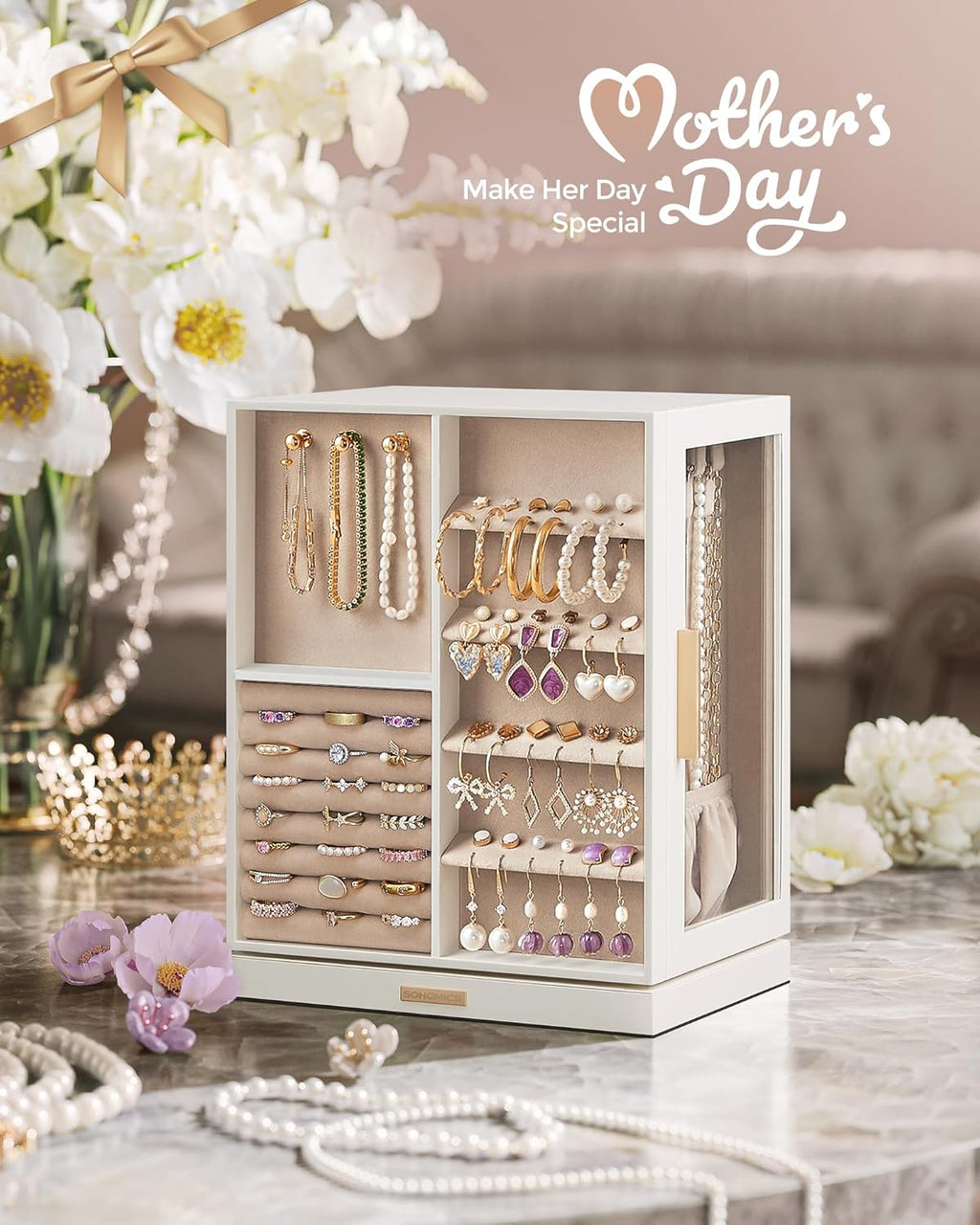 GISELLA Collection - Jewelry Box Organizer 360° Rotating, Vertical Jewelry Storage Case with 5 Drawers, Glass Window