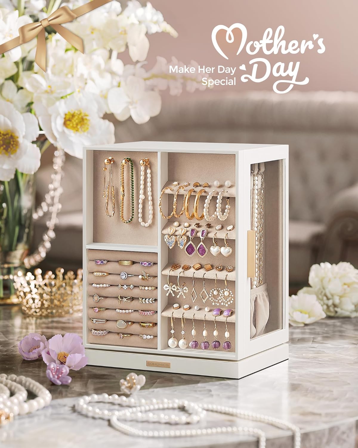 GISELLA Collection - Jewelry Box Organizer 360° Rotating, Vertical Jewelry Storage Case with 5 Drawers, Glass Window