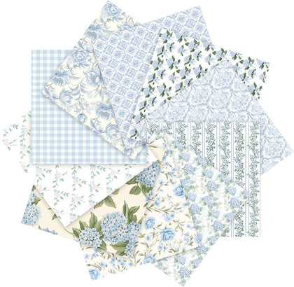 10 Pcs Blue Floral Fabric Squares Bundles 20 x 20 Inch Cotton Hydrangea Quilting Fabric Blue Spring Flower Fat