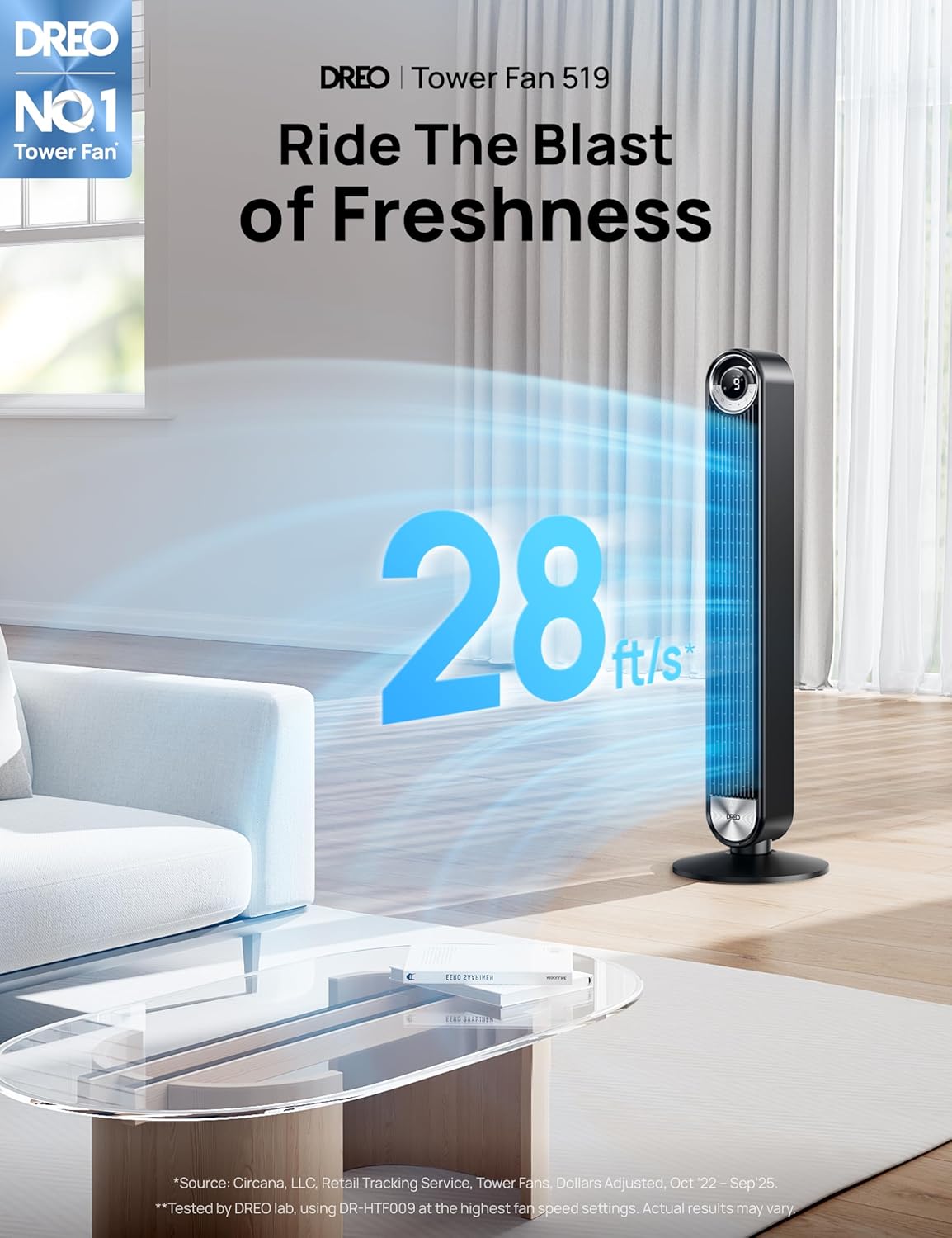 Tower Fan for Bedroom, Upgraded DC 28ft/s Velocity, 25dB Quiet Fan | 9 Speeds Standing Fan, 90° Oscillating Cooling
