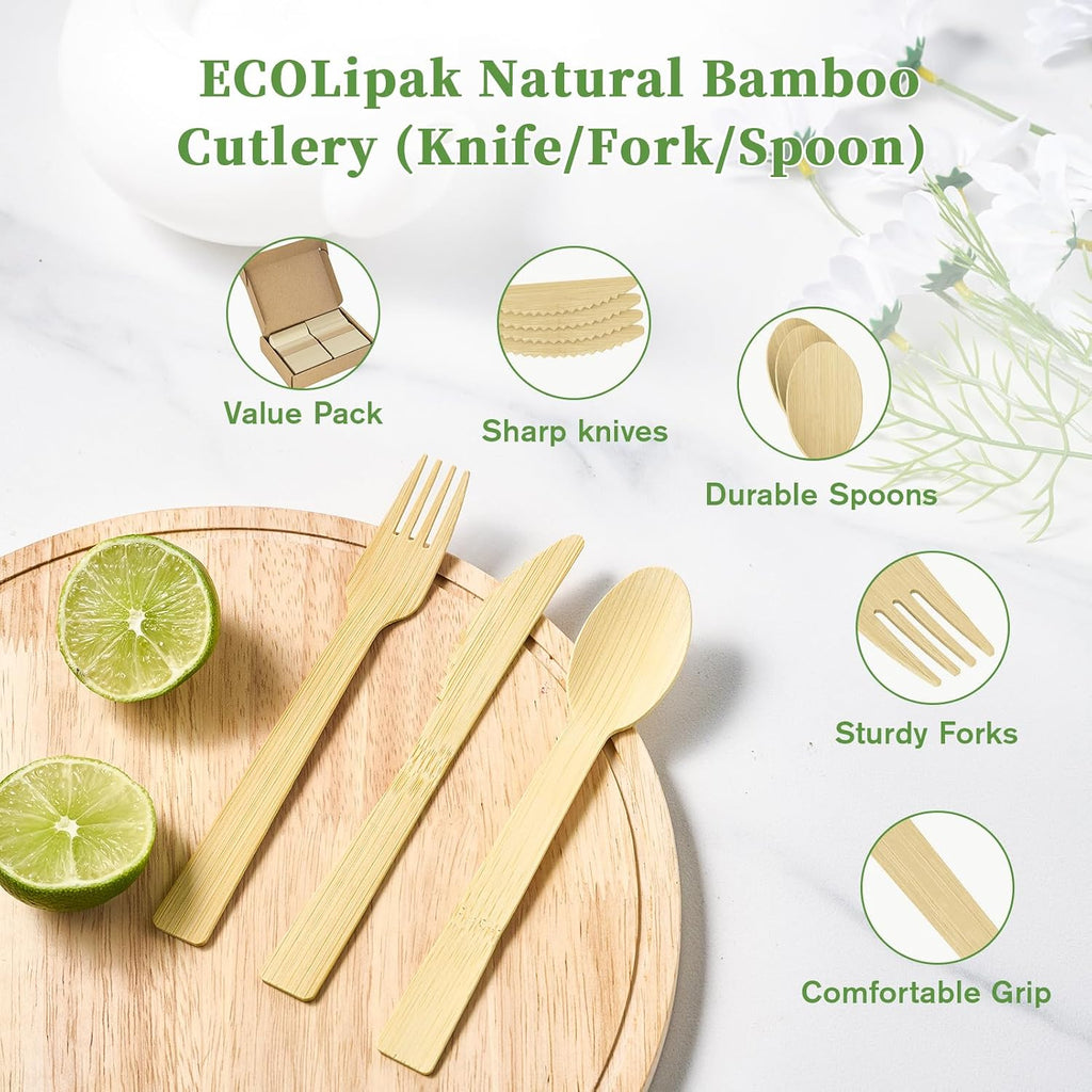 300 Count Bamboo Cutlery Set, 100 Knives, Forks and Spoons each