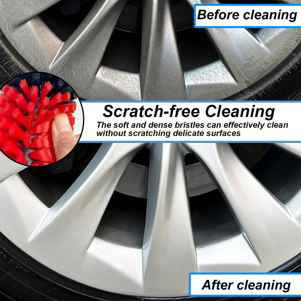 Wheel Brush Kit, Soft Drill Wheel Cleaner Brush, No Scratches Highly Dense Car Cleaning Brush Set for Wheels, Rims