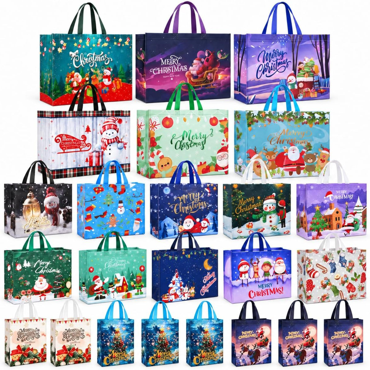 24 Pack Christmas Gift Bags Assorted Sizes Bulk with Handles