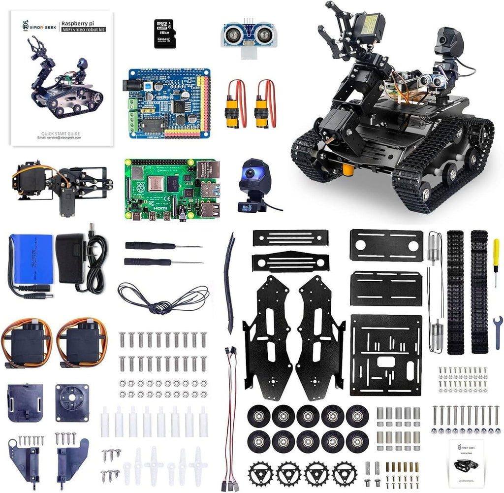 Smart WiFi Robot Kit with Raspberry Pi 5, 4DOF Robotic Arm Track Tank Chassis Robot Car with 2DOF HD Camera