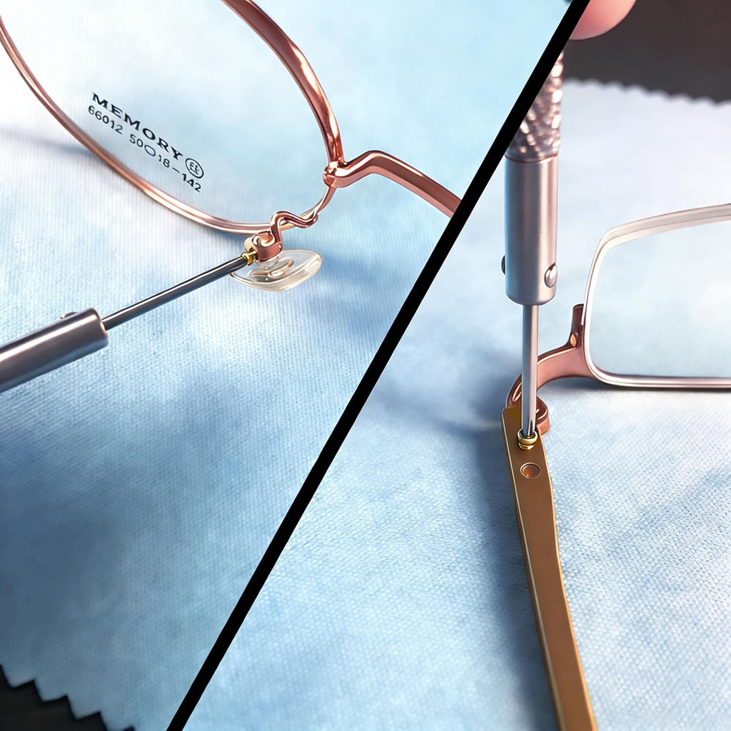 Gold Eyeglass Repair Kit with 18 Sizes Gold-Plated Screws, 1.4mm Precision Screwdrivers, Tweezers, Nose Pads & Cloth