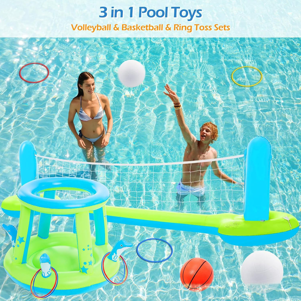 Pool Toys Games Set - 3 in 1 Pool Volleyball Net Basketball Hoop Ring Toss Game Inflatable Floats Water Floating