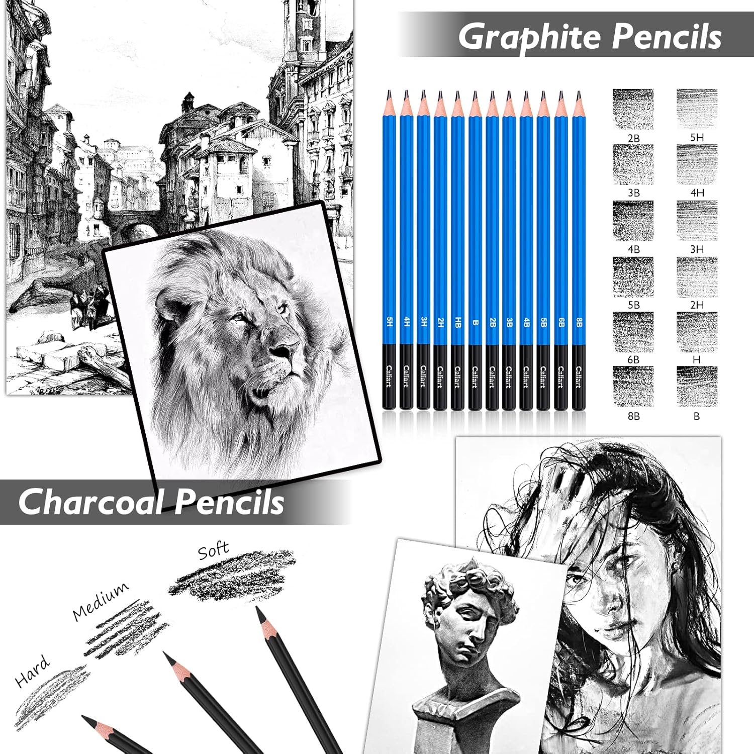 176PCS Art Supplies Sketching Kit with 100 Sheets 3-Color Sketch Book, Graphite Colored Charcoal Watercolor &
