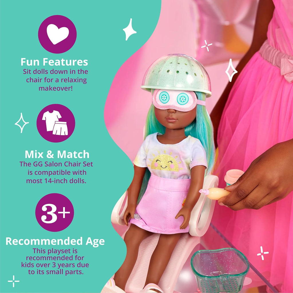 – 14-Inch Doll Accessories – Salon Chair & Styling Playset – Hooded Hair Dryer, Foot Bath, Pretend Nail Polish – 3+
