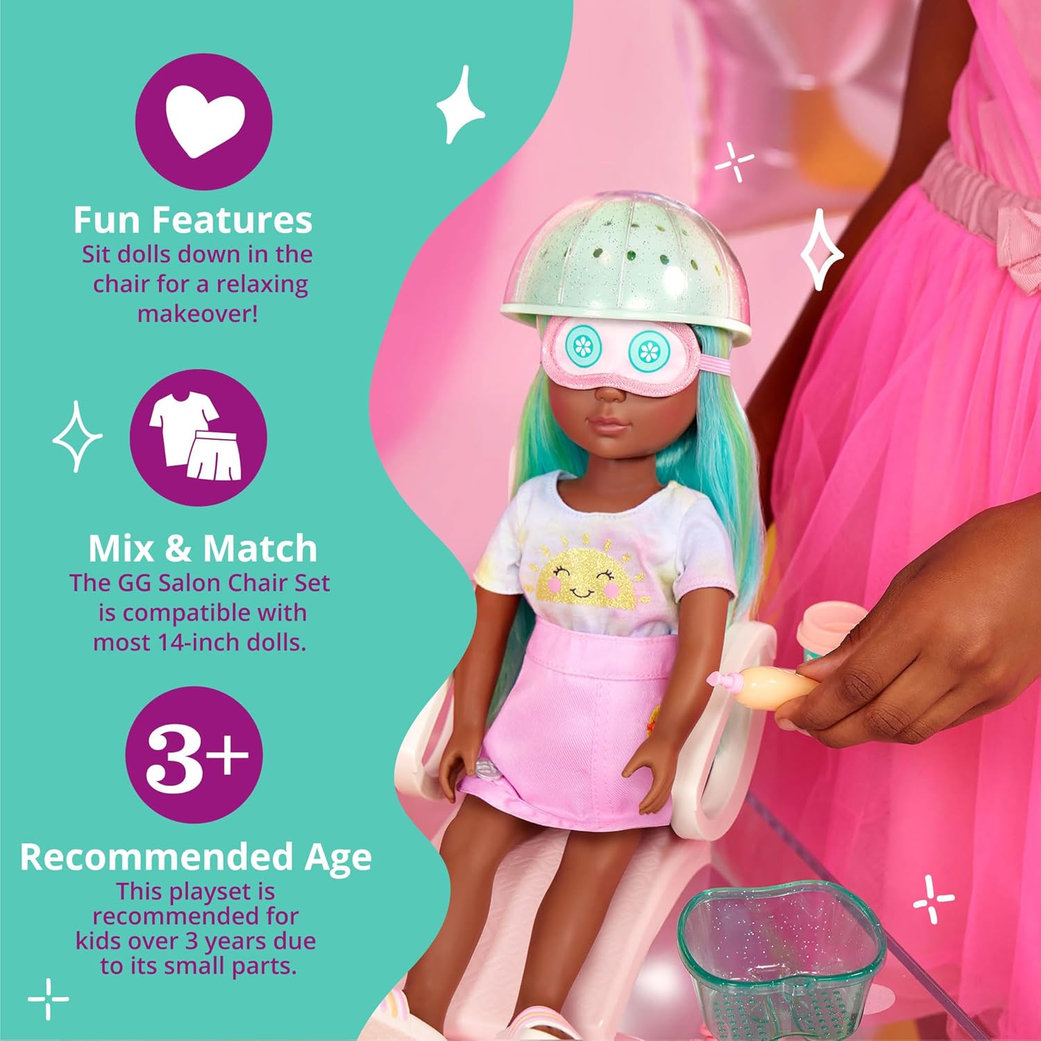 – 14-Inch Doll Accessories – Salon Chair & Styling Playset – Hooded Hair Dryer, Foot Bath, Pretend Nail Polish – 3+