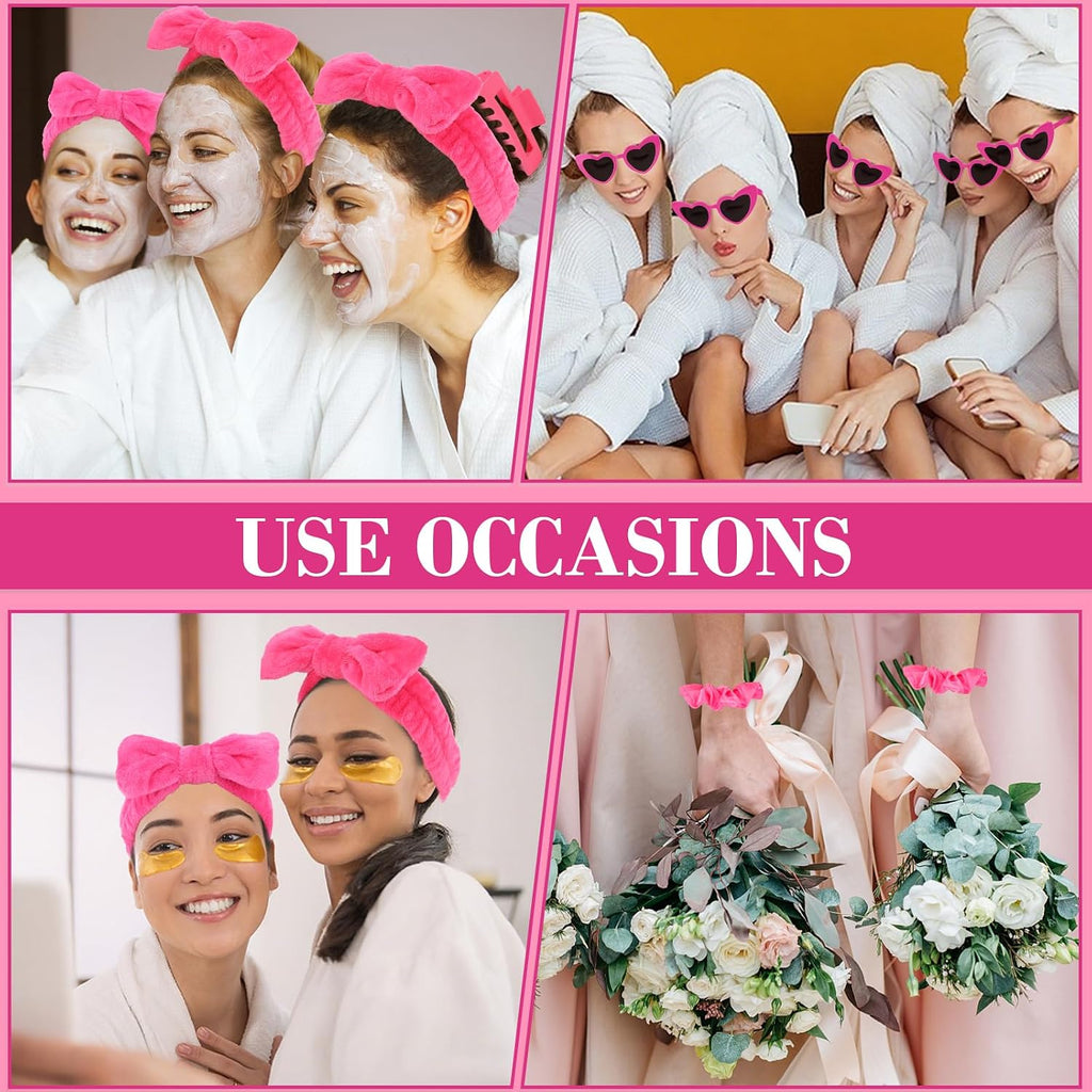 4 Pcs Hot Pink Bridesmaid Proposal Gifts Bridesmaid Spa Headband, Hair Claw Clips, Heart Shaped Sunglasses and Smooth
