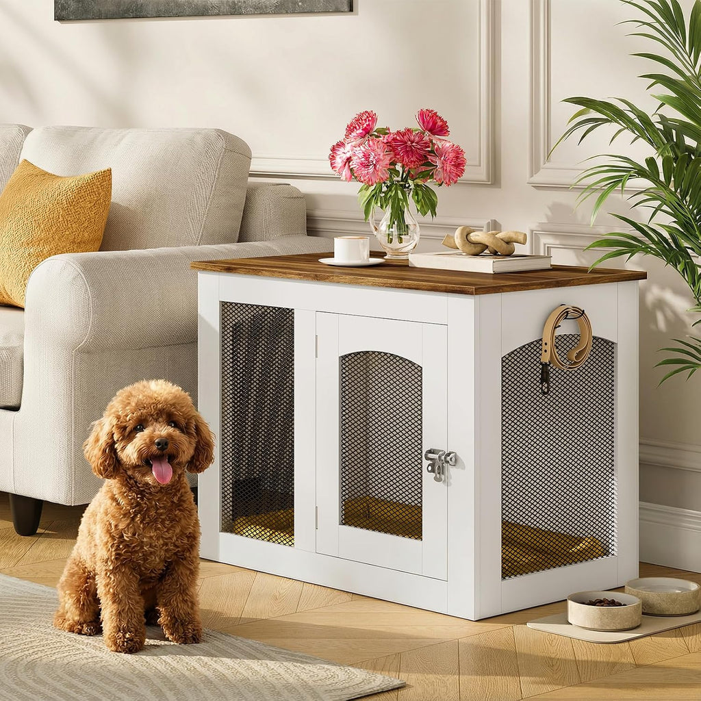 Wooden 30.1" Dog Crate Furniture, Farmhouse Pet Cage End Table with Secure Lock, Ventilated Mesh for Medium Dogs, Dog