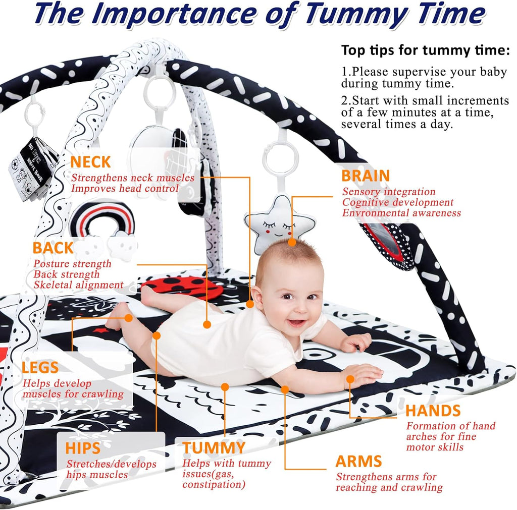 Black and White Baby Gym Play Mat with 6 Toys Tummy Time Activity Mat for Babies 0-6 6-12 Months High Contrast Baby