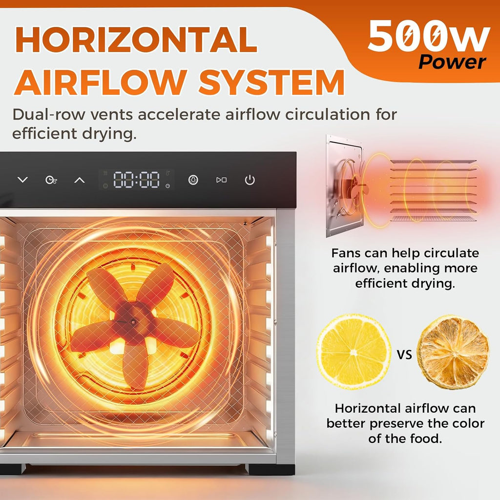 Food Dehydrator Machine, 500W Jerky Dehydrators with 8 Stainless Steel Large Trays, 185°F Temperature Control & 24H
