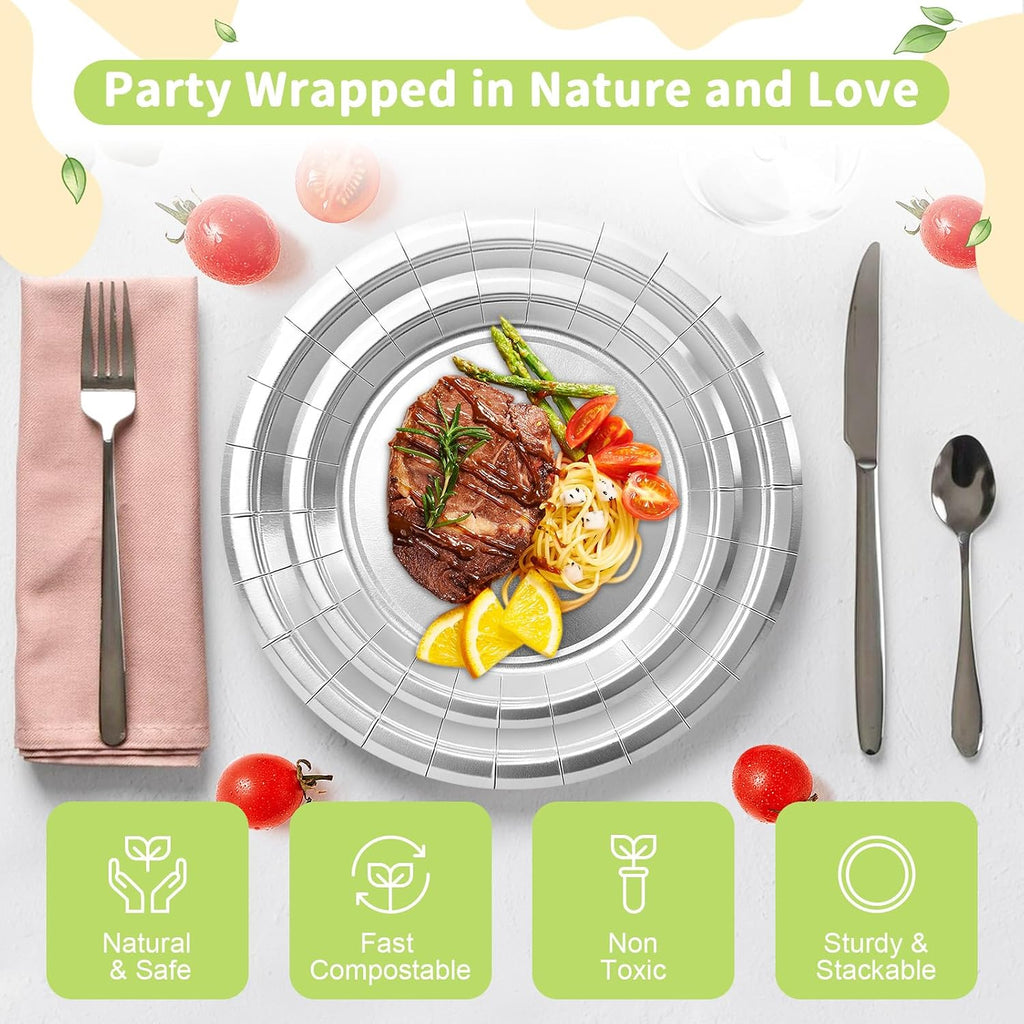 Silver Paper Plates - Disposable Plates for Party, 25-9" & 25-7"