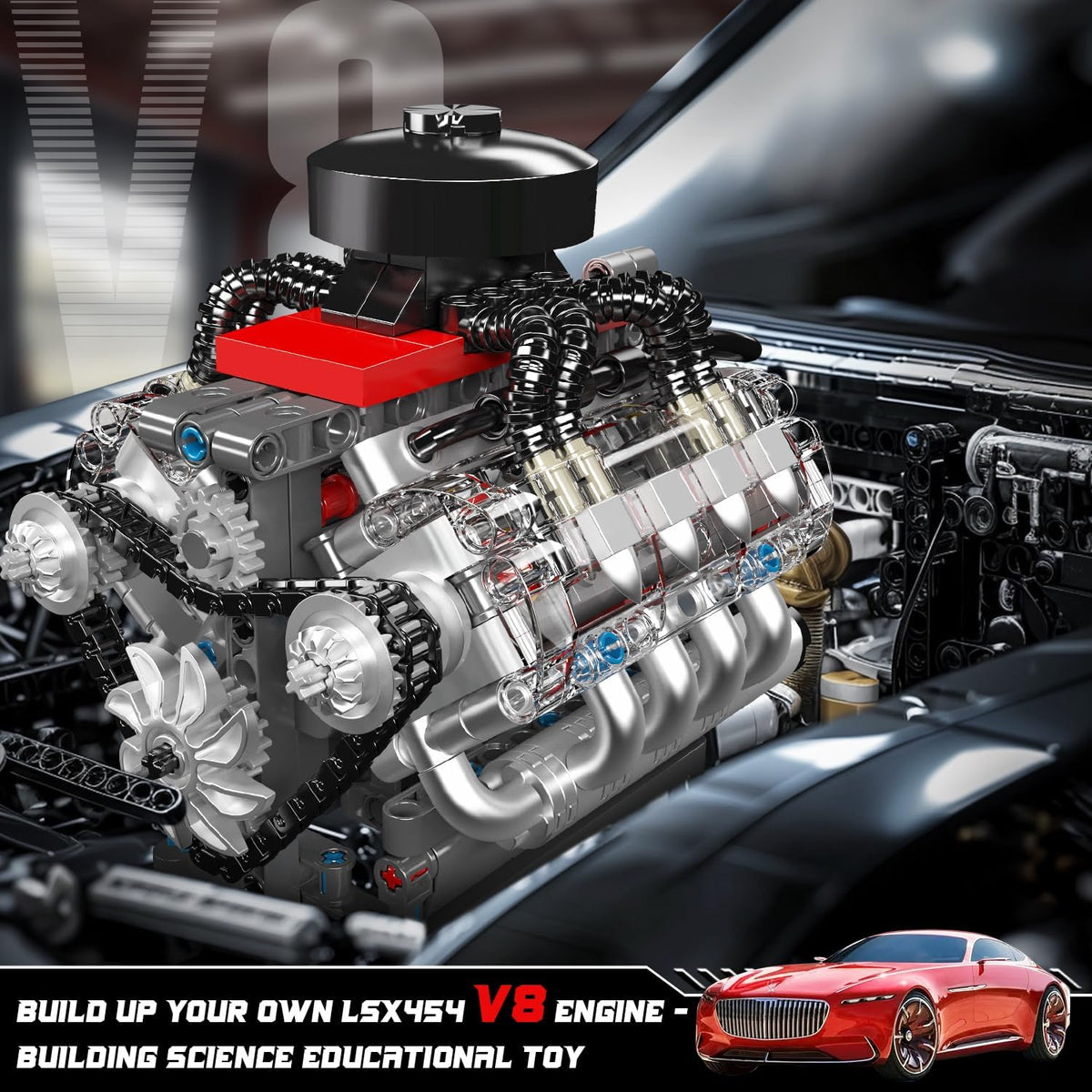 10171 V8 Engine Model Kit, Mini V8 Engine Kits that Runs, Build Your Own Car Model Engine with Motor, Collectible