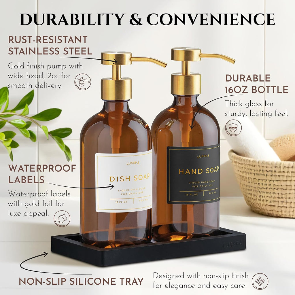 Glass Soap Dispenser Set of 2 (Amber) with Silicone Tray | Hand and Dish Soap Dispenser for Kitchen and Bathroom |