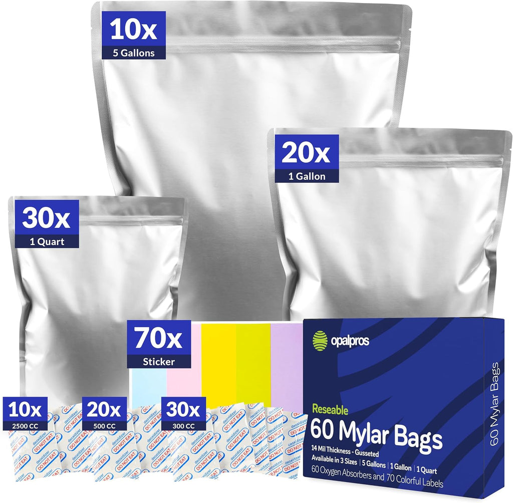 60-Pack 14 Mil Mylar Bags with Oxygen Absorbers, Gusseted 5 Gallon(10), 1 Gallon(20) & 1 Quart(30) Bags with 2500cc