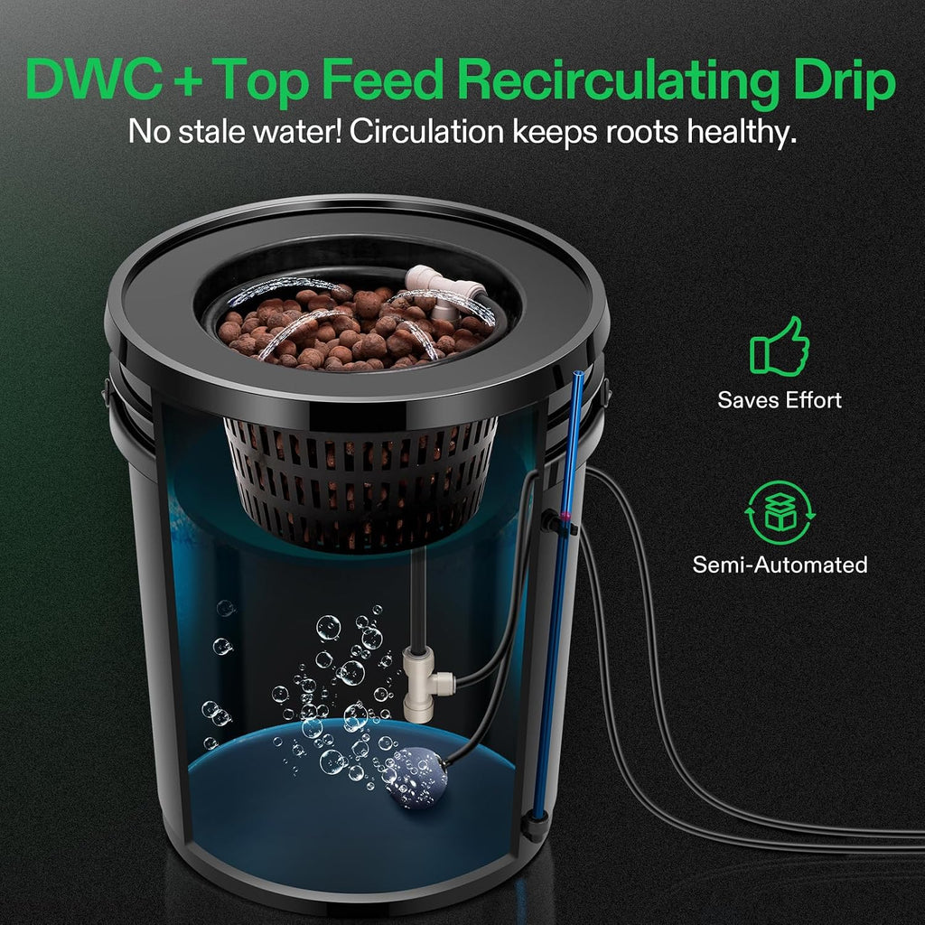 DWC Hydroponics Grow System with Top Drip Kit 1 Bucket | 5-Gallon Deep Water Culture, Recirculating Drip Garden